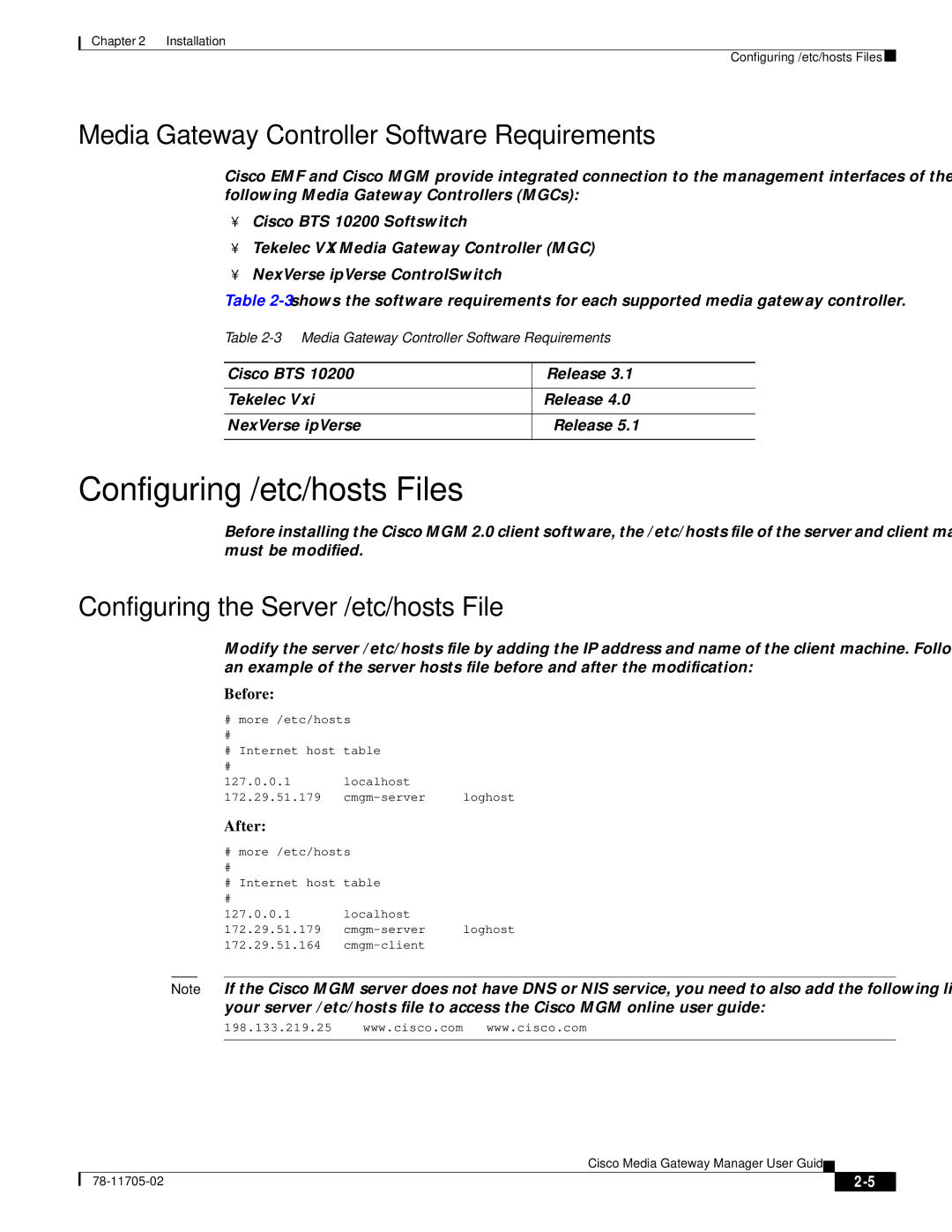 Cisco Systems MGX 8000 manual Configuring /etc/hosts Files, Media Gateway Controller Software Requirements 