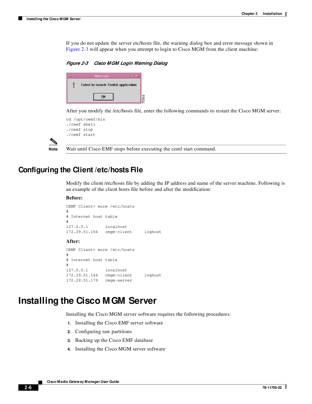 Cisco Systems MGX 8000 manual Installing the Cisco MGM Server, Configuring the Client /etc/hosts File 