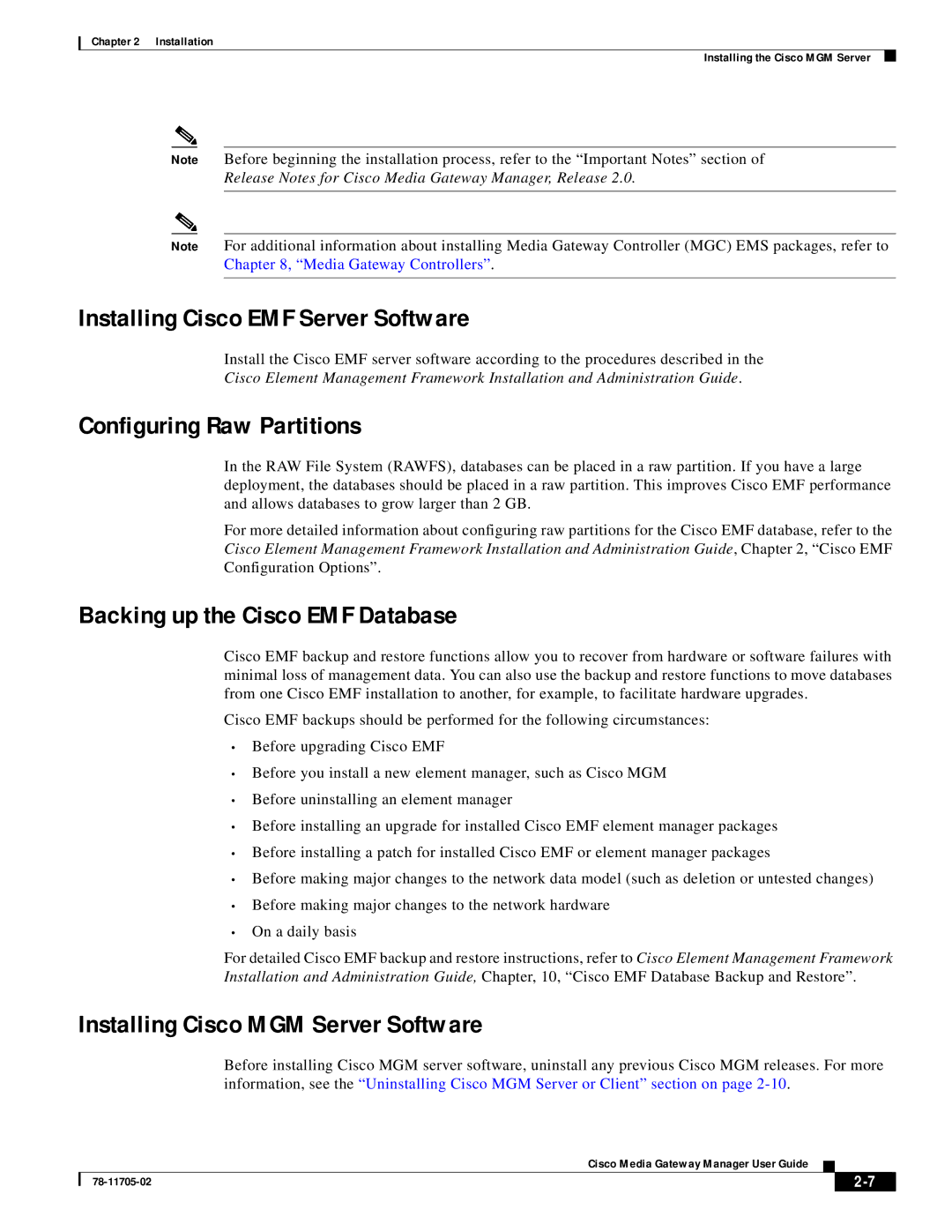 Cisco Systems MGX 8000 Installing Cisco EMF Server Software, Configuring Raw Partitions, Backing up the Cisco EMF Database 