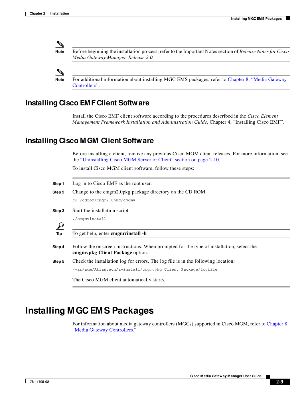 Cisco Systems MGX 8000 manual Installing MGC EMS Packages, Installing Cisco EMF Client Software 