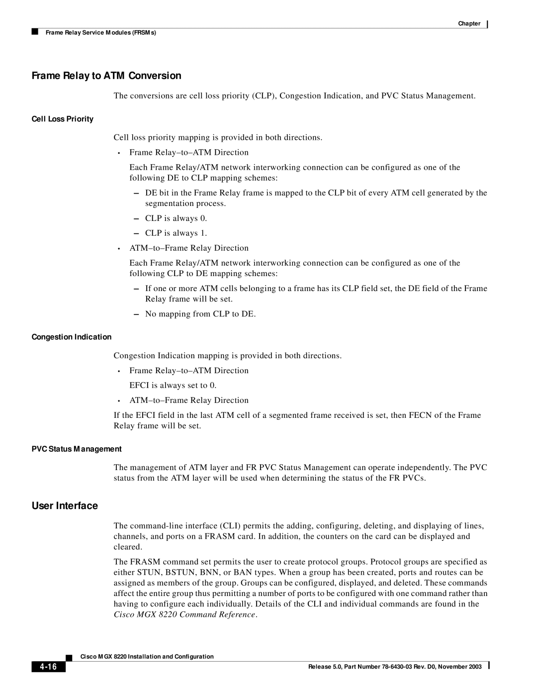 Cisco Systems MGX 8220 manual Frame Relay to ATM Conversion, User Interface, Cell Loss Priority 