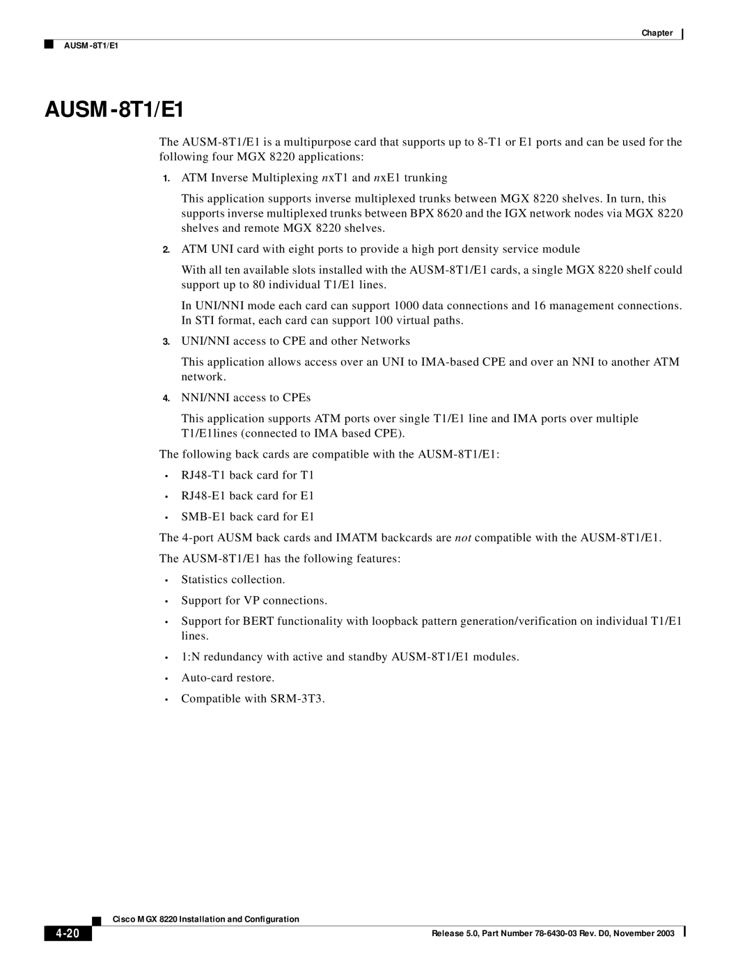 Cisco Systems MGX 8220 manual AUSM-8T1/E1 