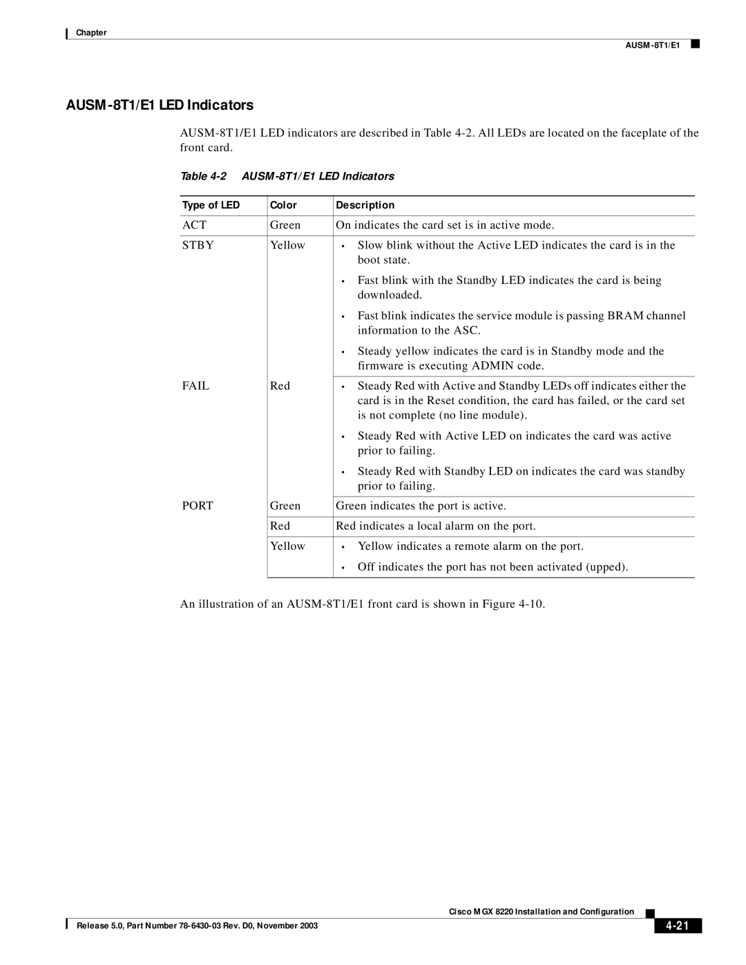 Cisco Systems MGX 8220 manual AUSM-8T1/E1 LED Indicators, Type of LED Color Description 