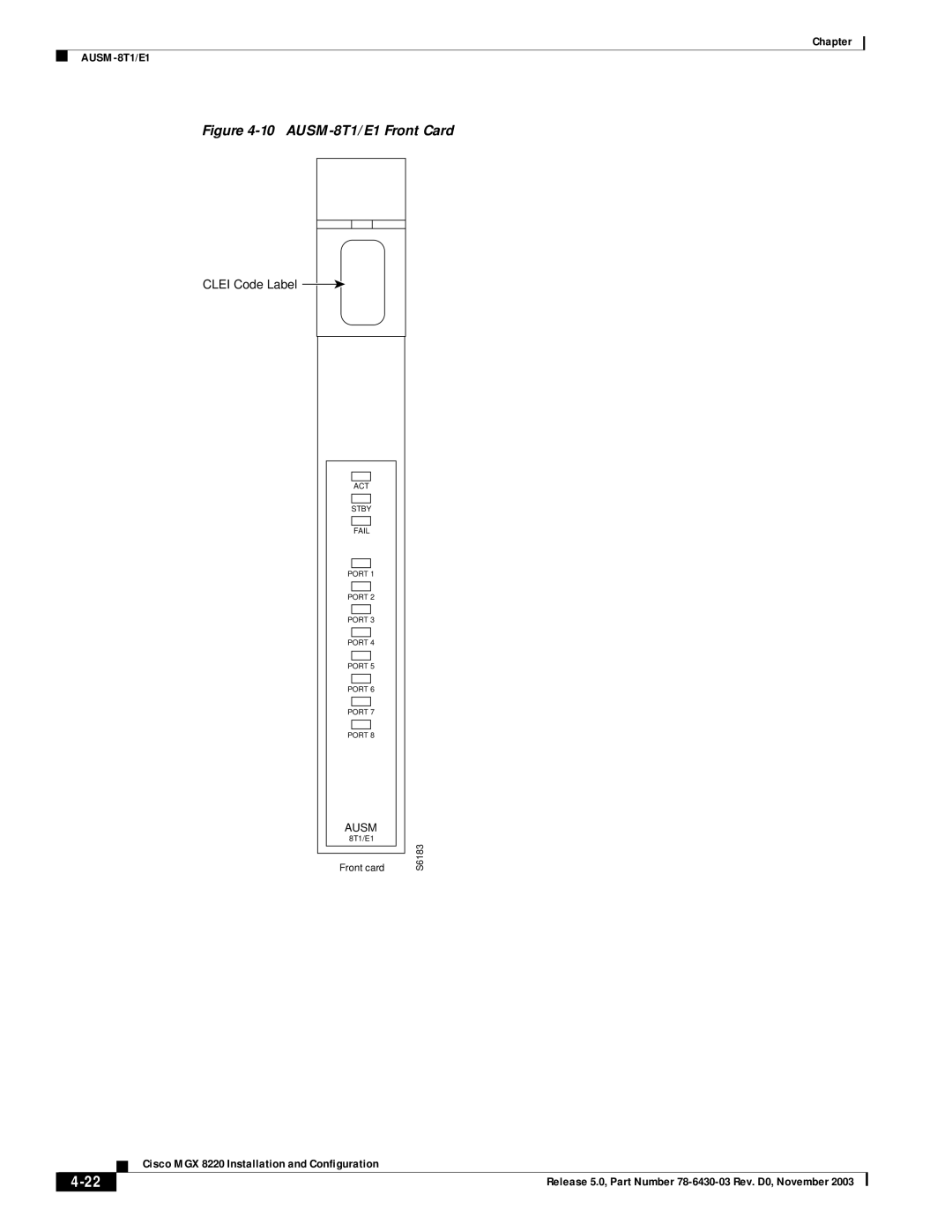 Cisco Systems MGX 8220 manual AUSM-8T1/E1 Front Card 