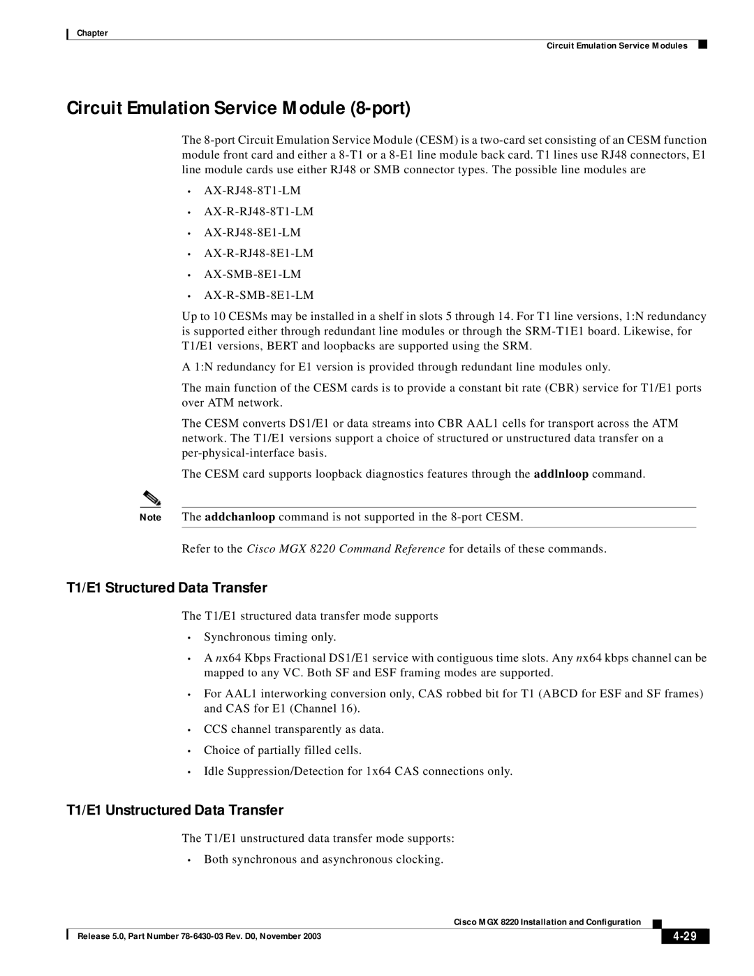 Cisco Systems MGX 8220 manual Circuit Emulation Service Module 8-port, T1/E1 Structured Data Transfer 