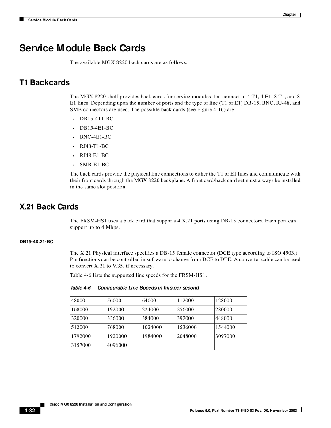 Cisco Systems MGX 8220 manual Service Module Back Cards, T1 Backcards, DB15-4X.21-BC, SMB-E1-BC 