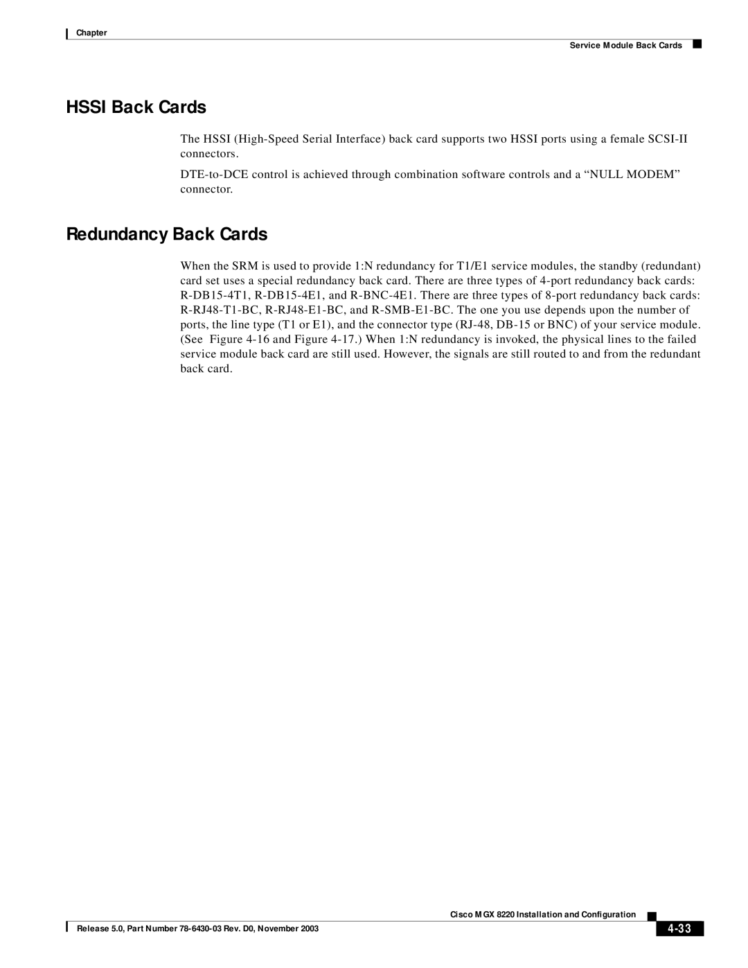 Cisco Systems MGX 8220 manual Hssi Back Cards, Redundancy Back Cards 