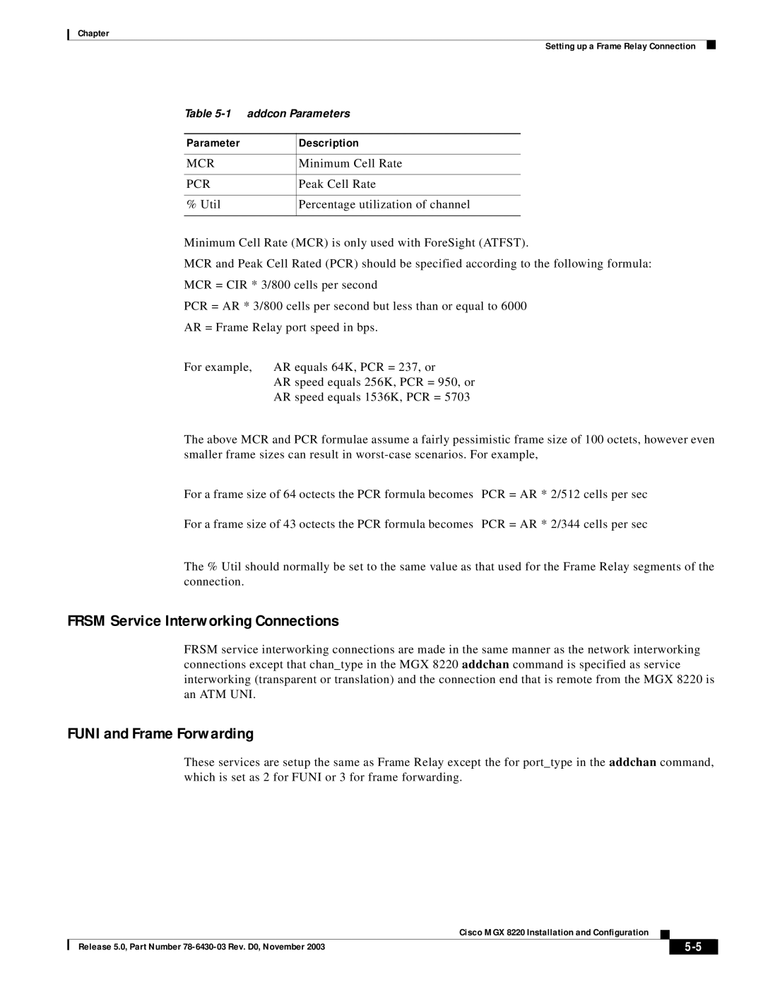 Cisco Systems MGX 8220 Frsm Service Interworking Connections, Funi and Frame Forwarding, Parameter Description, Mcr, Pcr 