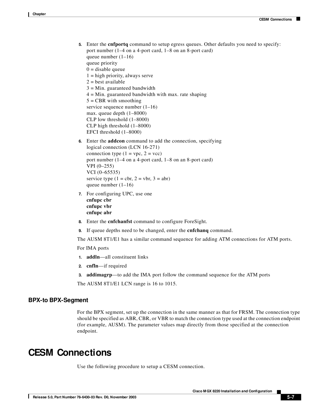 Cisco Systems MGX 8220 manual Cesm Connections, BPX-to BPX-Segment 