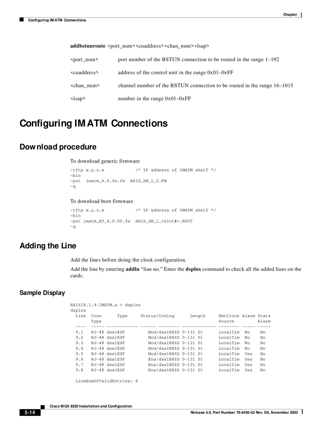 Cisco Systems MGX 8220 manual Configuring Imatm Connections, Download procedure, Adding the Line, Sample Display 