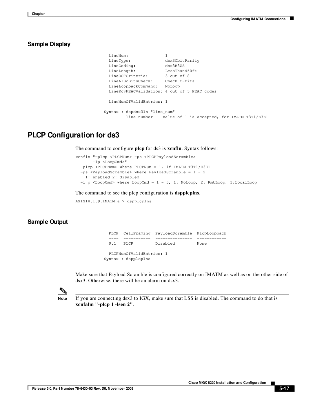 Cisco Systems MGX 8220 manual Plcp Configuration for ds3, Sample Output 