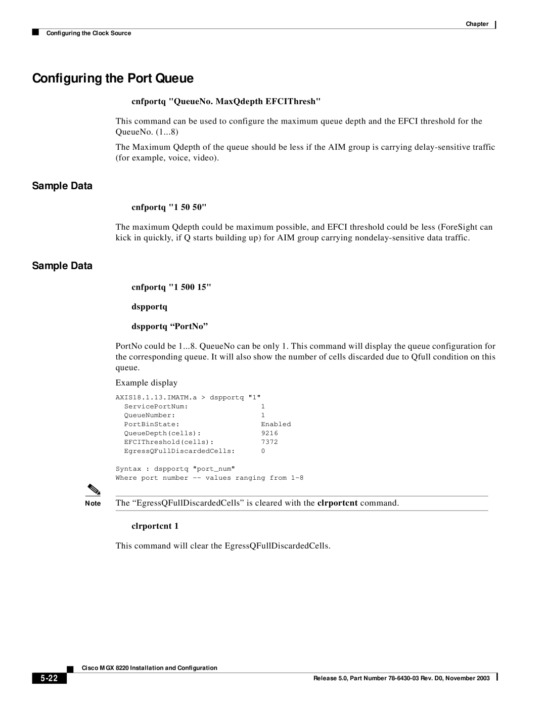 Cisco Systems MGX 8220 manual Configuring the Port Queue, Sample Data 