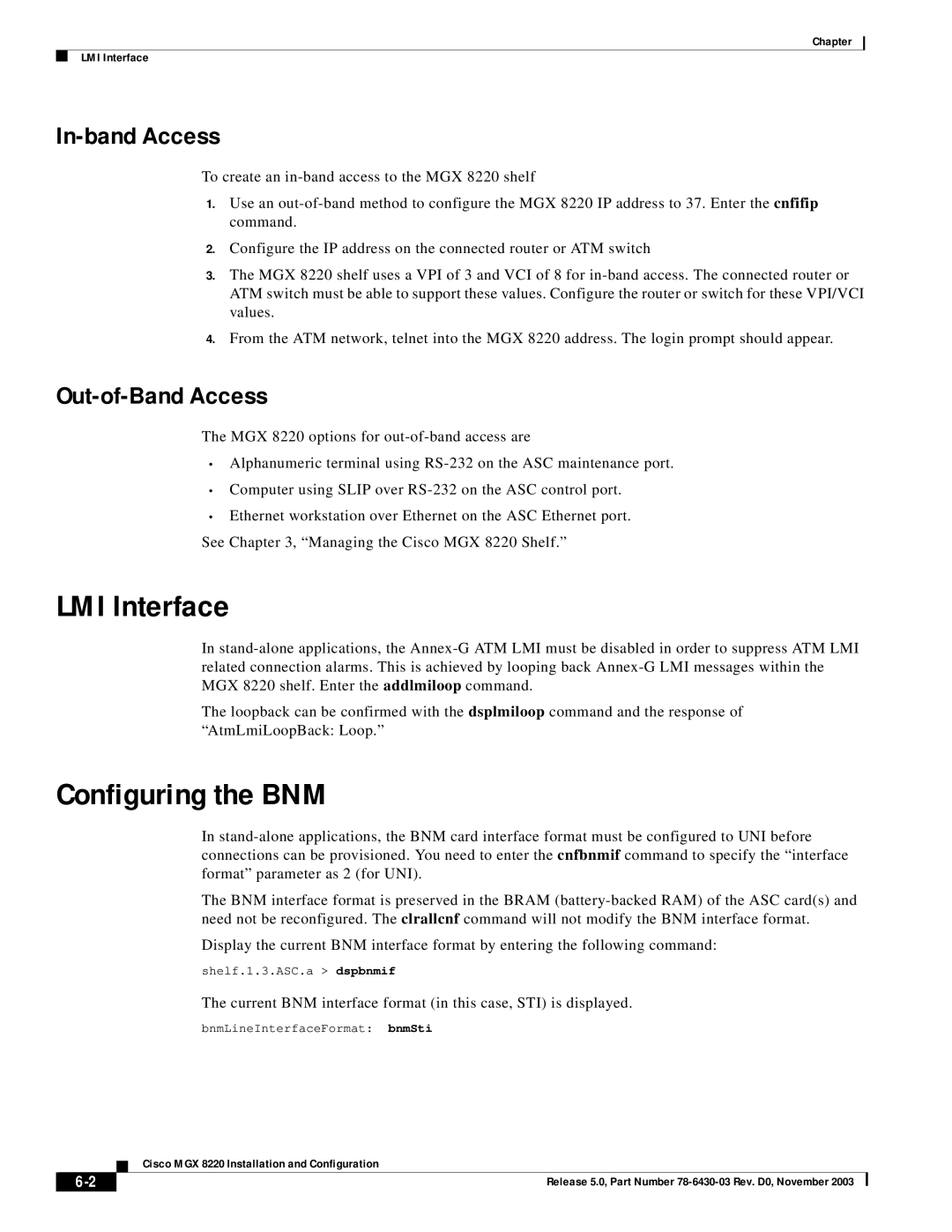 Cisco Systems MGX 8220 manual LMI Interface, Configuring the BNM, Out-of-Band Access 