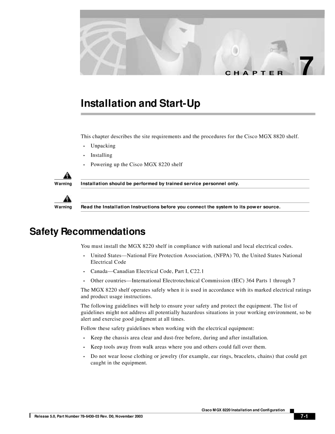 Cisco Systems MGX 8220 manual Installation and Start-Up, Safety Recommendations 