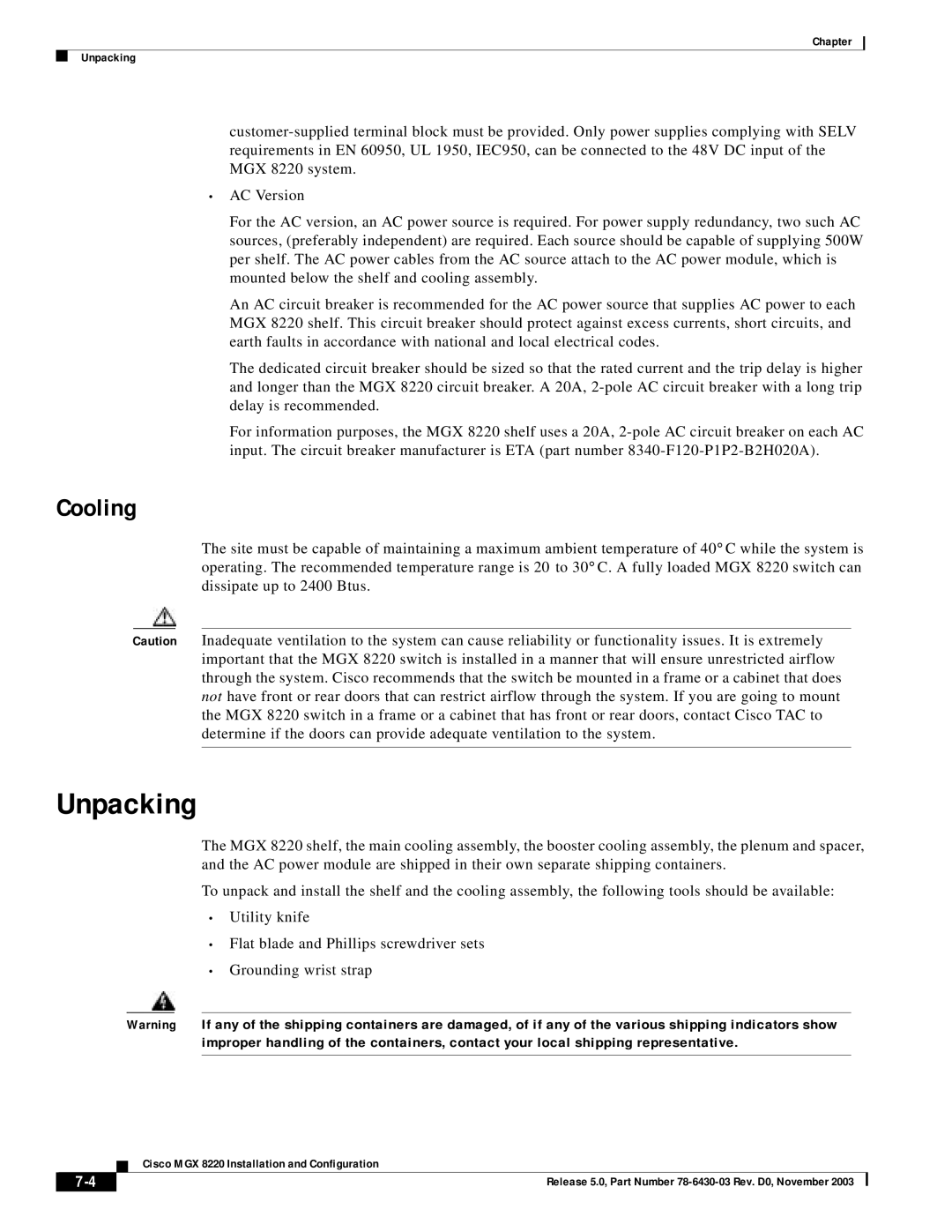 Cisco Systems MGX 8220 manual Unpacking, Cooling 