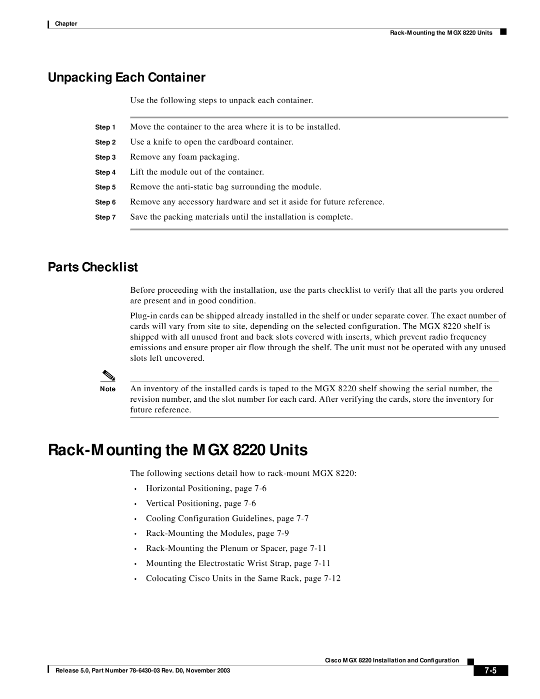 Cisco Systems manual Rack-Mounting the MGX 8220 Units, Unpacking Each Container, Parts Checklist 