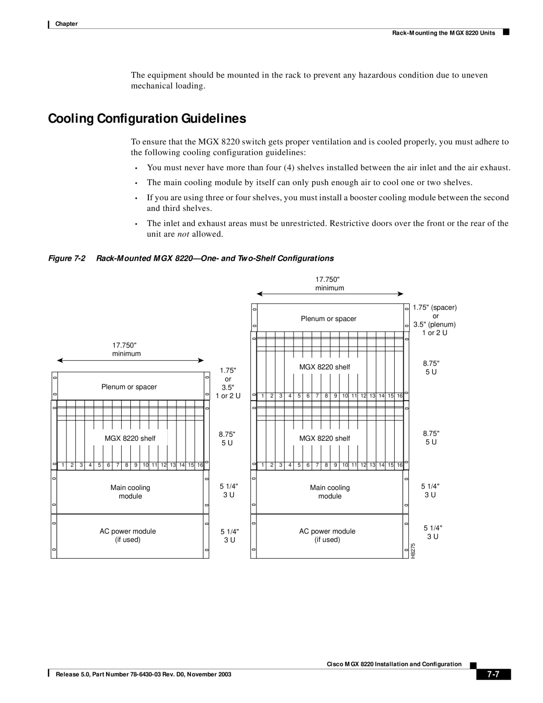 Cisco Systems manual Cooling Configuration Guidelines, Rack-Mounted MGX 8220-One- and Two-Shelf Configurations 