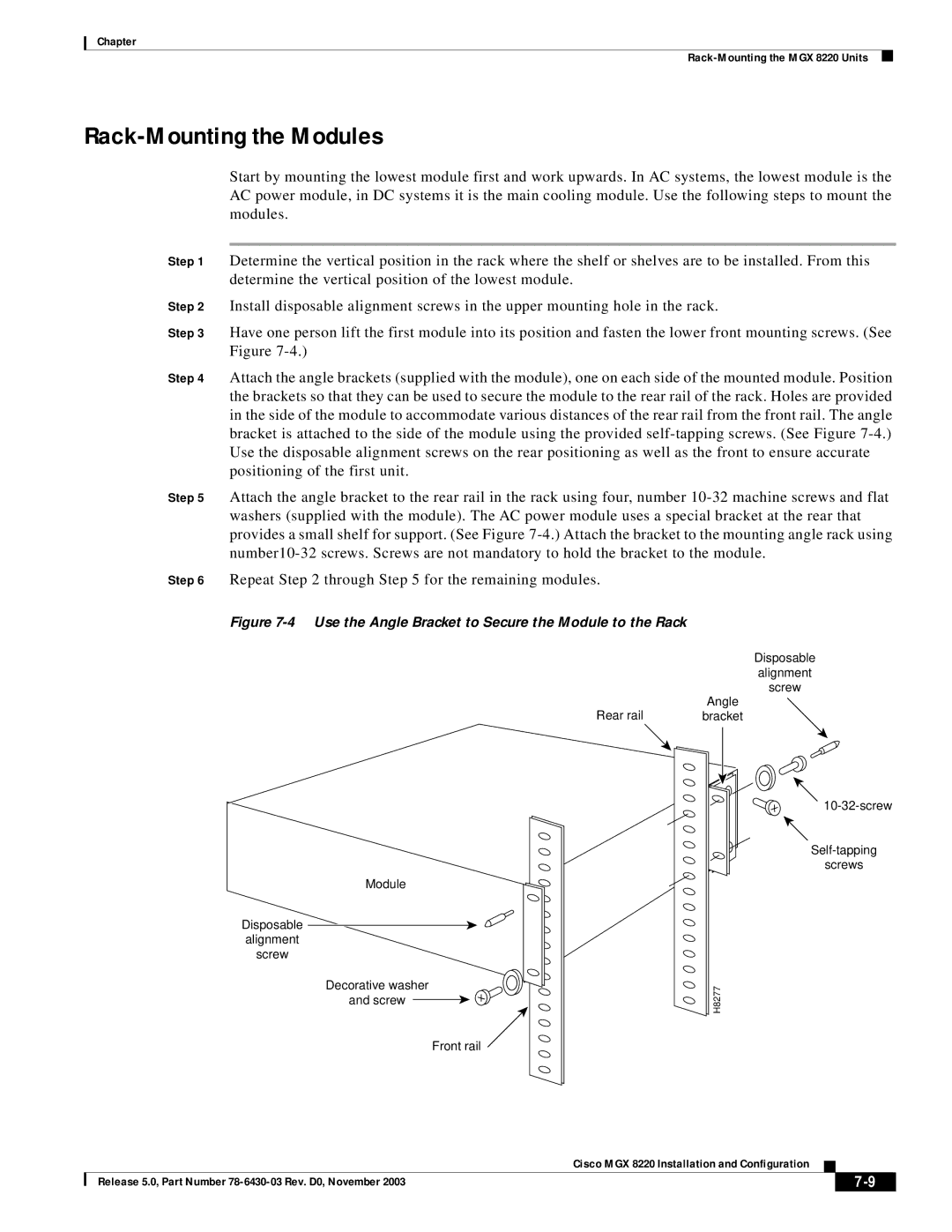 Cisco Systems MGX 8220 manual Rack-Mounting the Modules, Use the Angle Bracket to Secure the Module to the Rack 