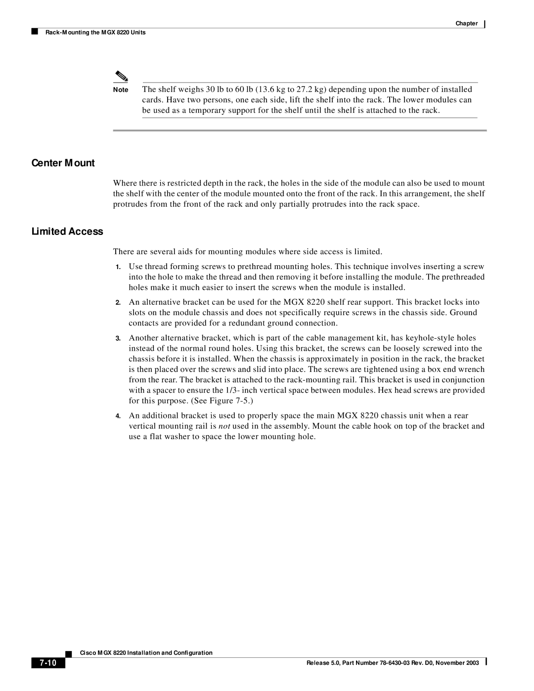 Cisco Systems MGX 8220 manual Center Mount, Limited Access 