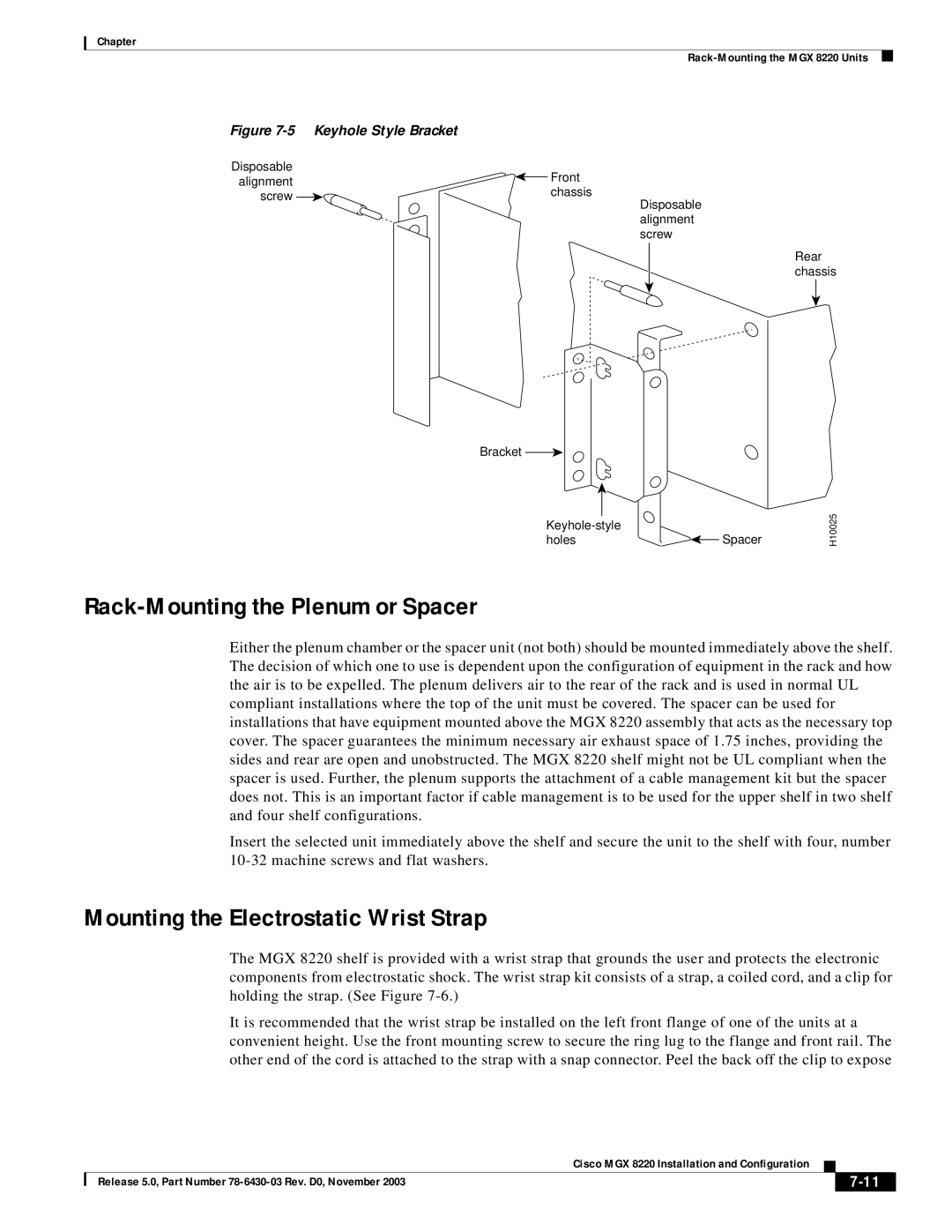 Cisco Systems MGX 8220 manual Rack-Mounting the Plenum or Spacer, Mounting the Electrostatic Wrist Strap 