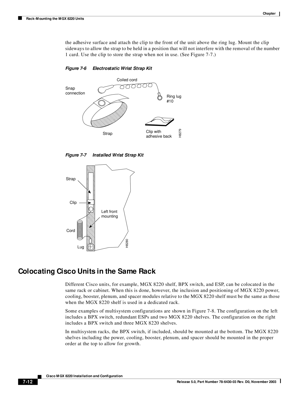 Cisco Systems MGX 8220 manual Colocating Cisco Units in the Same Rack, Electrostatic Wrist Strap Kit 