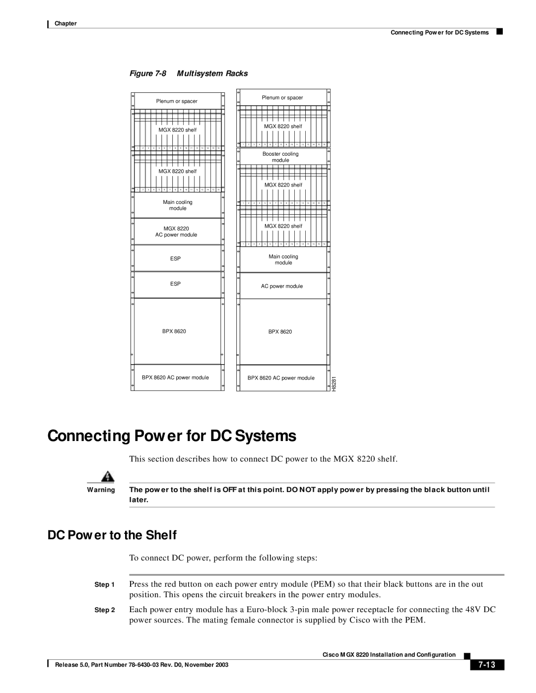 Cisco Systems MGX 8220 manual Connecting Power for DC Systems, DC Power to the Shelf 