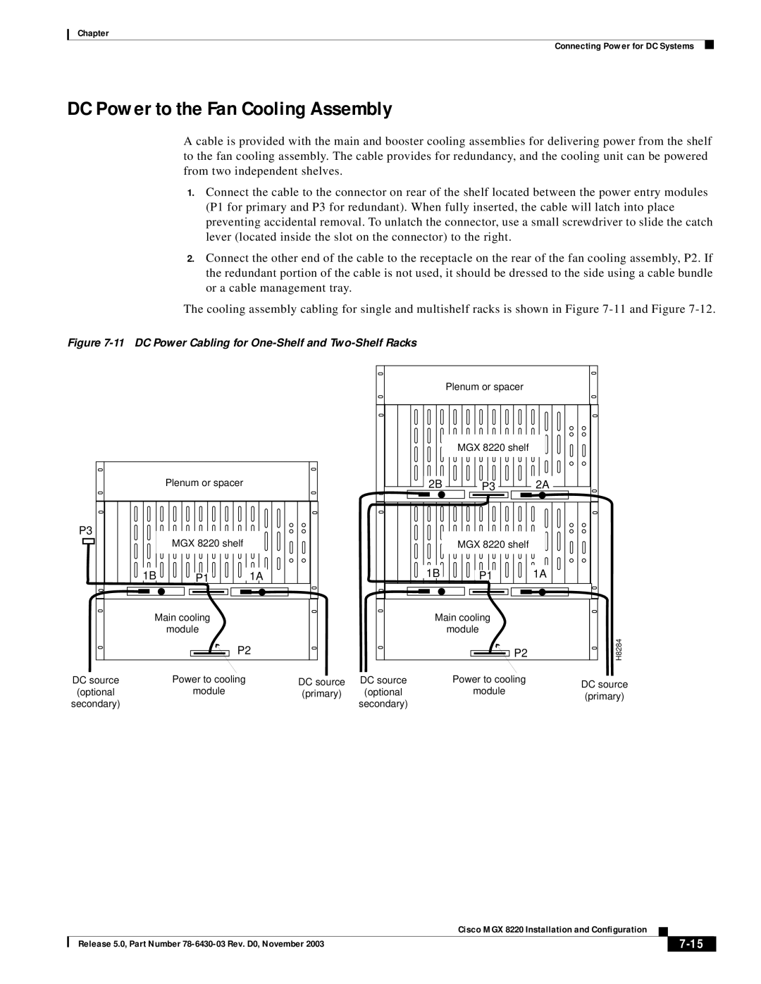 Cisco Systems MGX 8220 manual DC Power to the Fan Cooling Assembly, DC Power Cabling for One-Shelf and Two-Shelf Racks 