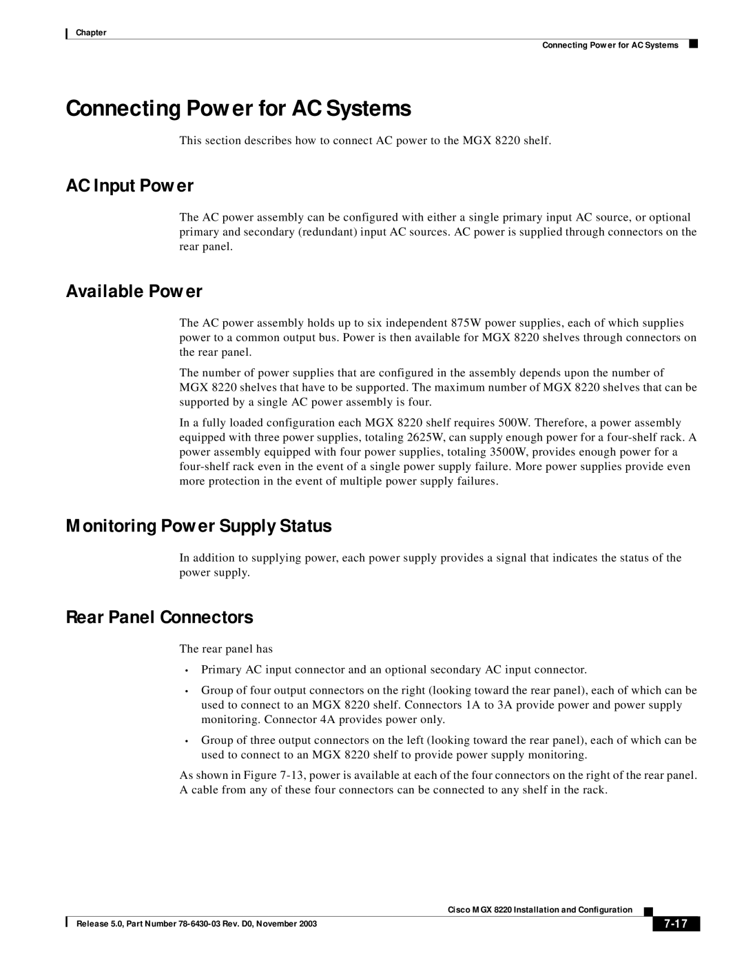 Cisco Systems MGX 8220 Connecting Power for AC Systems, AC Input Power, Available Power, Monitoring Power Supply Status 