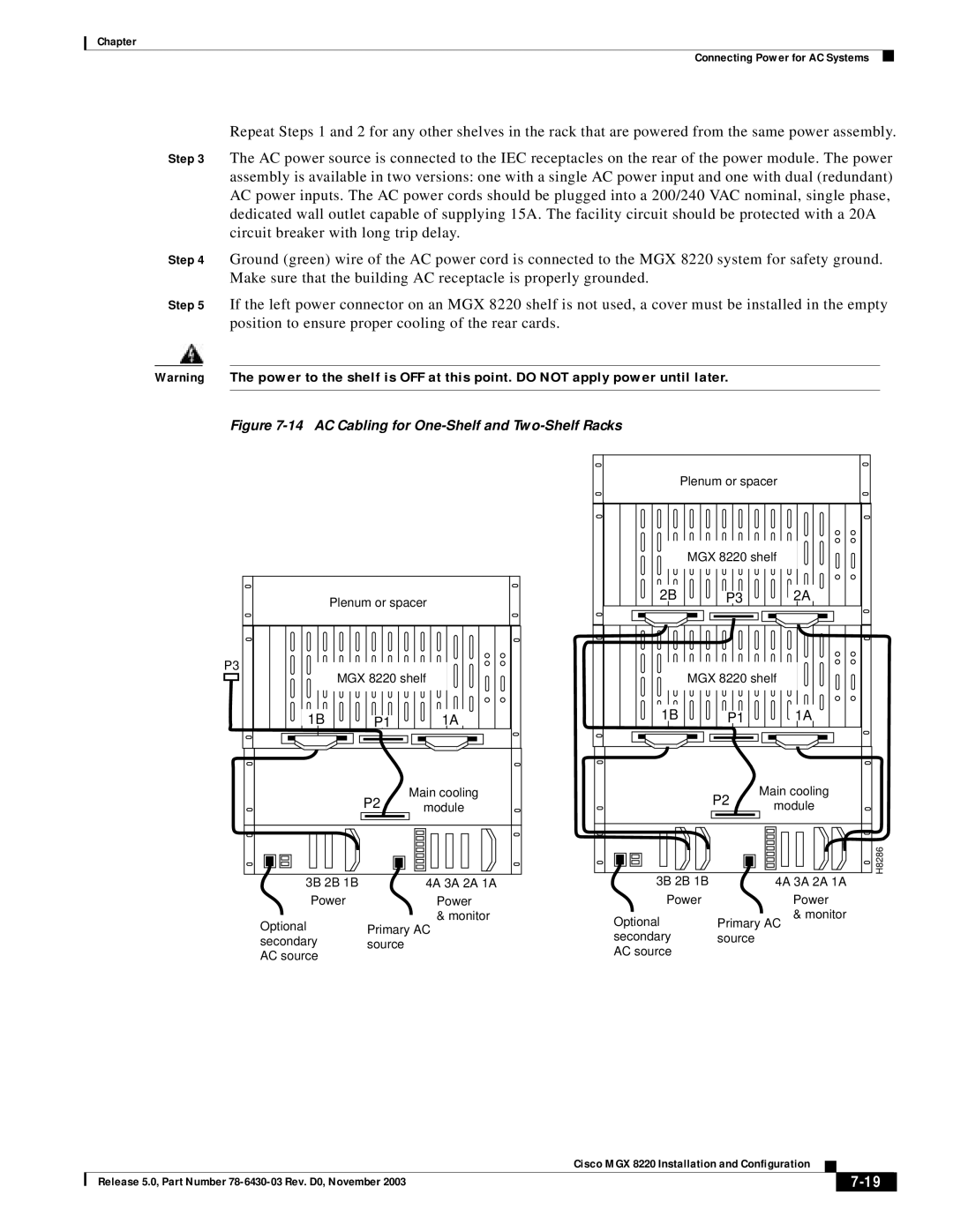 Cisco Systems MGX 8220 manual AC Cabling for One-Shelf and Two-Shelf Racks 