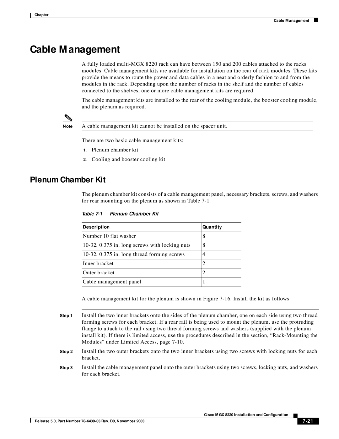 Cisco Systems MGX 8220 manual Cable Management, Plenum Chamber Kit, Description Quantity 