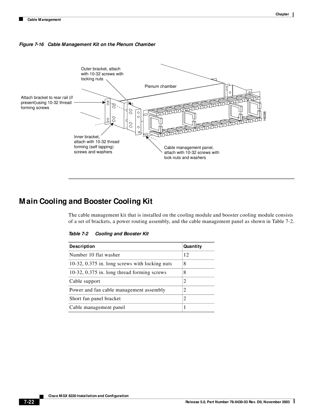 Cisco Systems MGX 8220 manual Main Cooling and Booster Cooling Kit, Cable Management Kit on the Plenum Chamber 