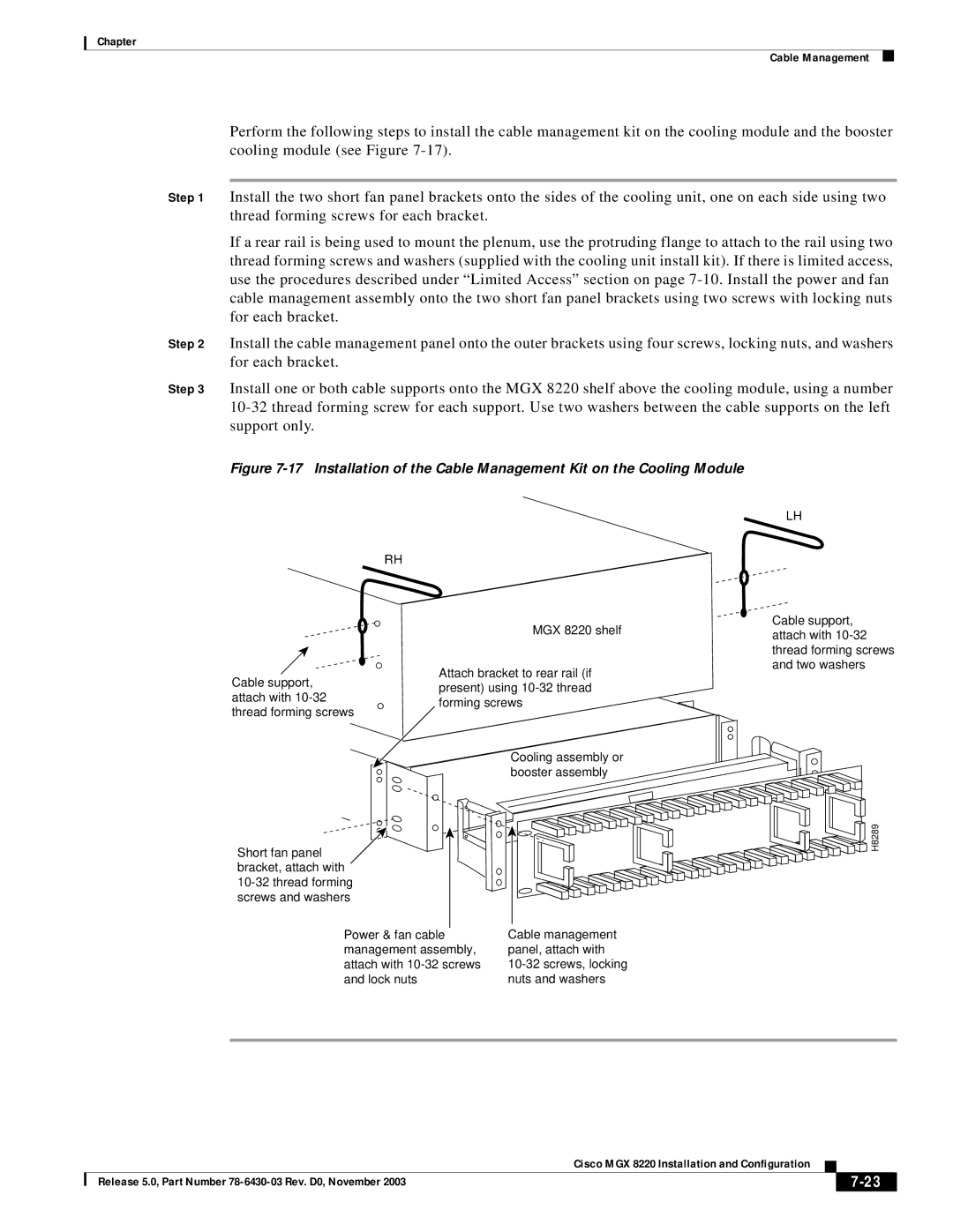 Cisco Systems MGX 8220 manual Cable support, attach with 10-32 thread forming screws 