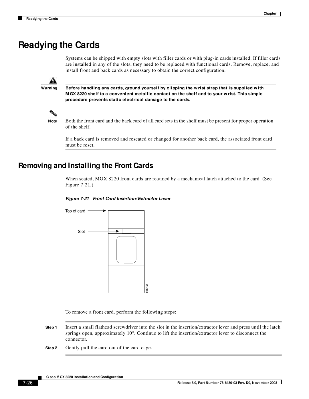 Cisco Systems MGX 8220 manual Readying the Cards, Removing and Installing the Front Cards 