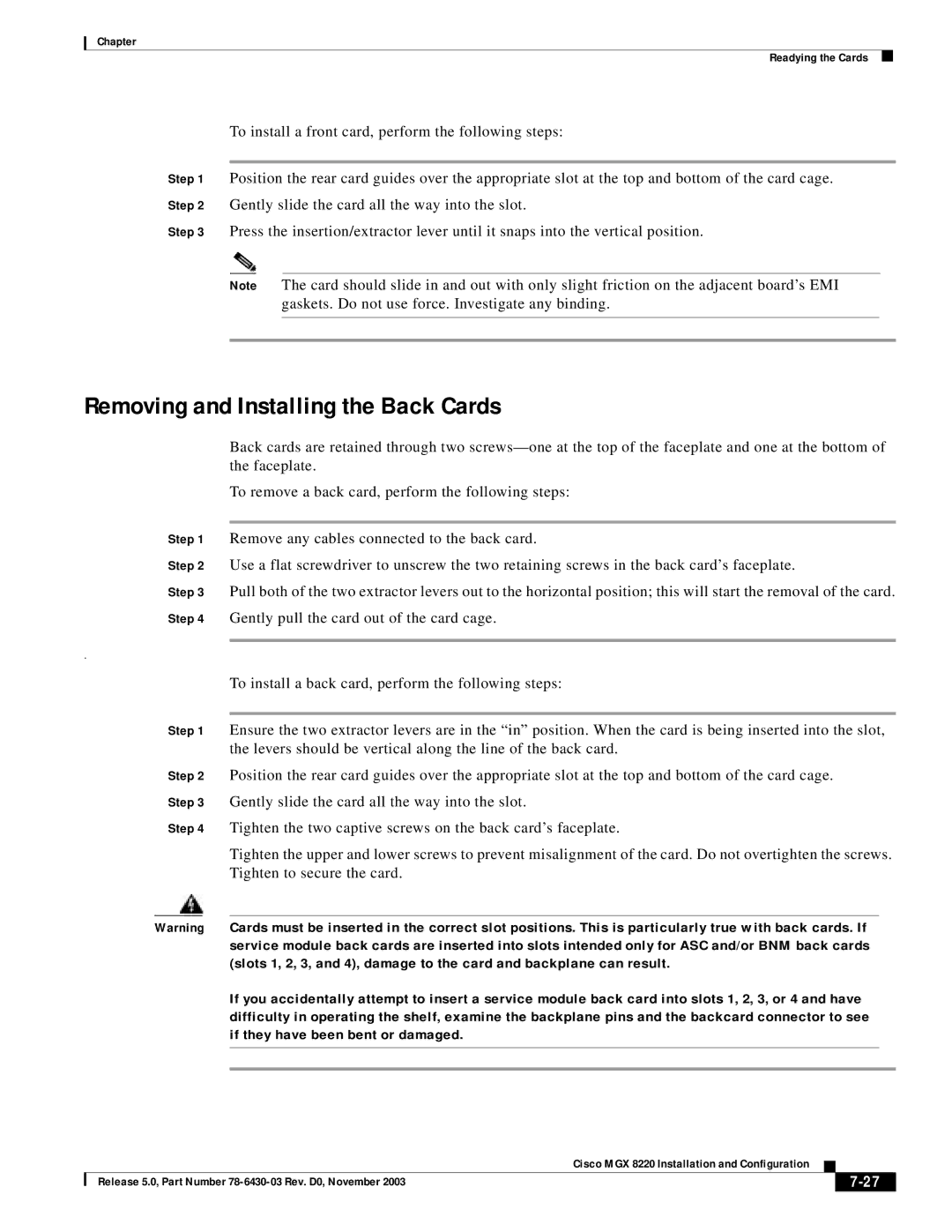 Cisco Systems MGX 8220 manual Removing and Installing the Back Cards 