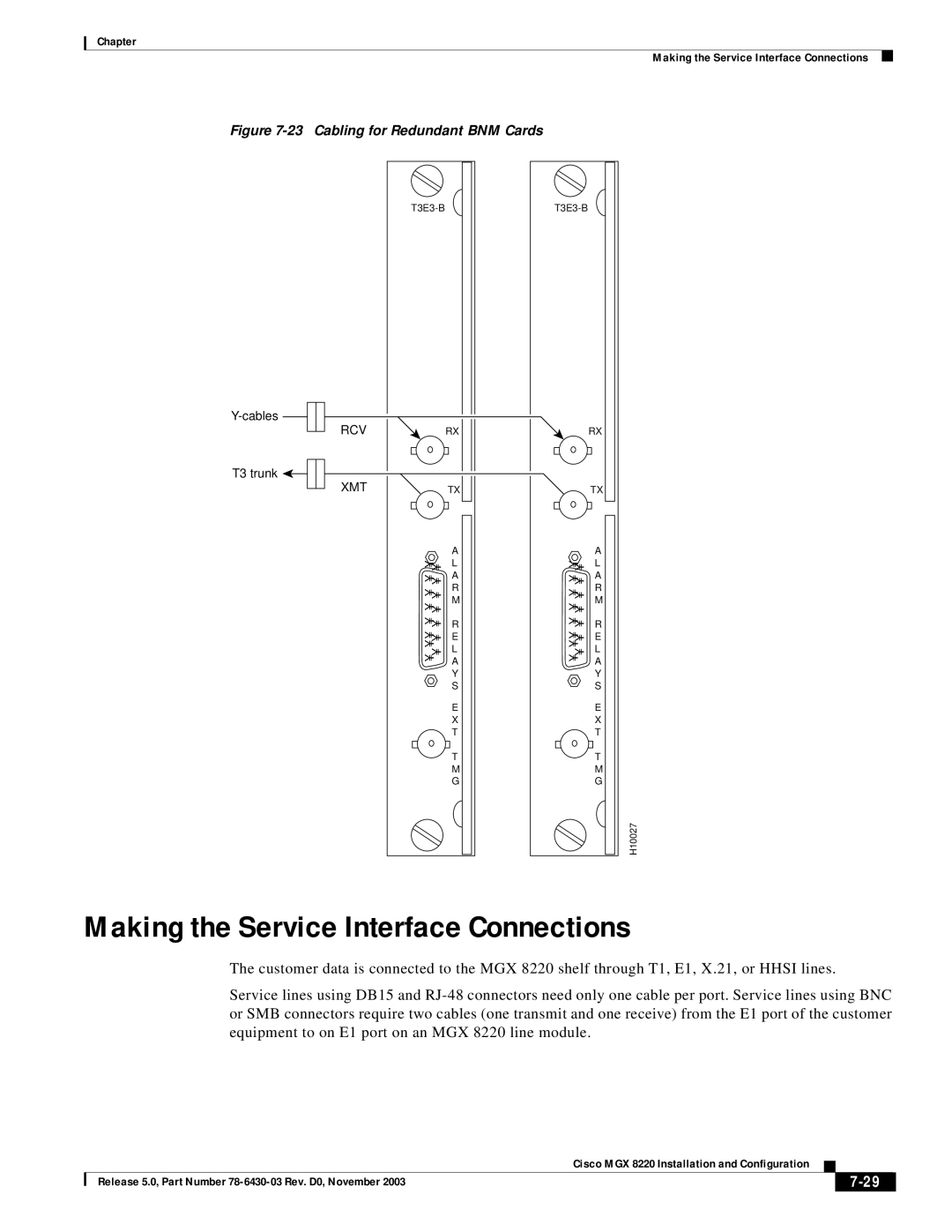 Cisco Systems MGX 8220 manual Making the Service Interface Connections, Cabling for Redundant BNM Cards 