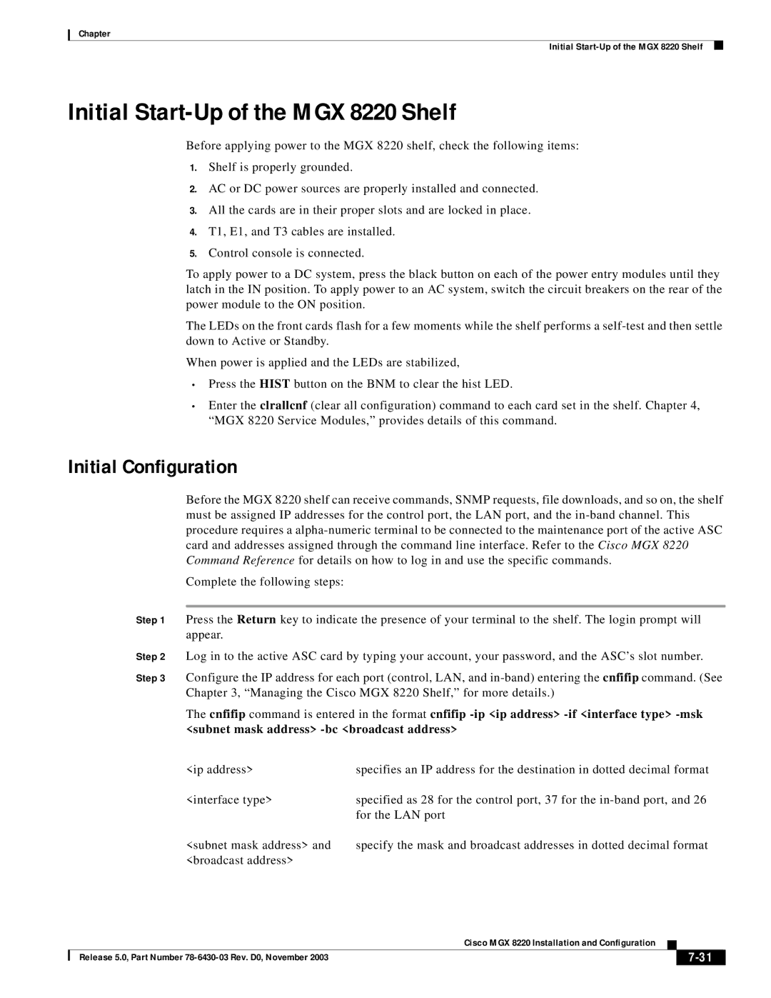 Cisco Systems manual Initial Start-Up of the MGX 8220 Shelf, Initial Configuration 