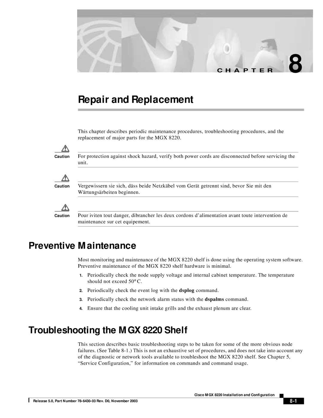 Cisco Systems manual Preventive Maintenance, Troubleshooting the MGX 8220 Shelf 