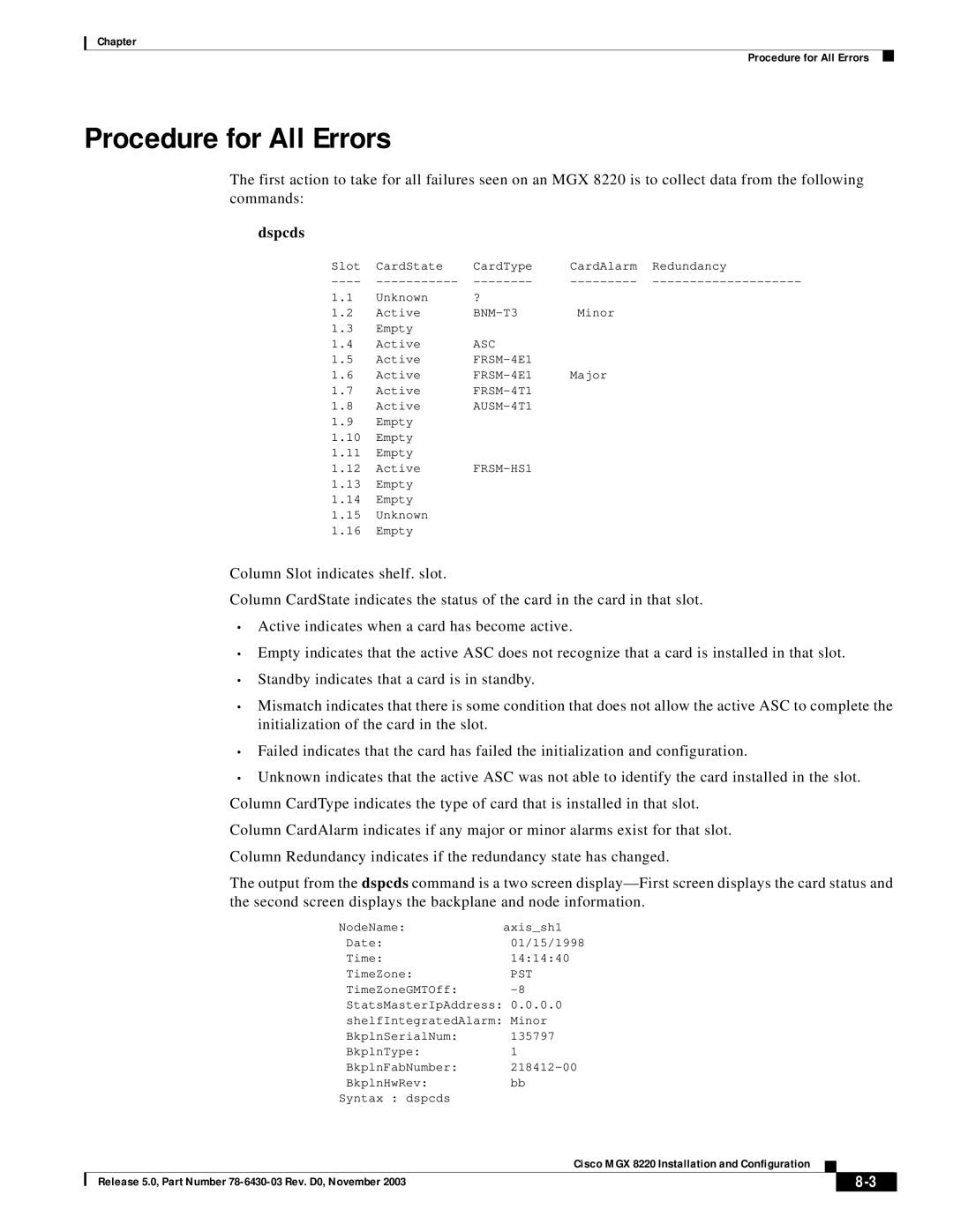 Cisco Systems MGX 8220 manual Procedure for All Errors, Dspcds 