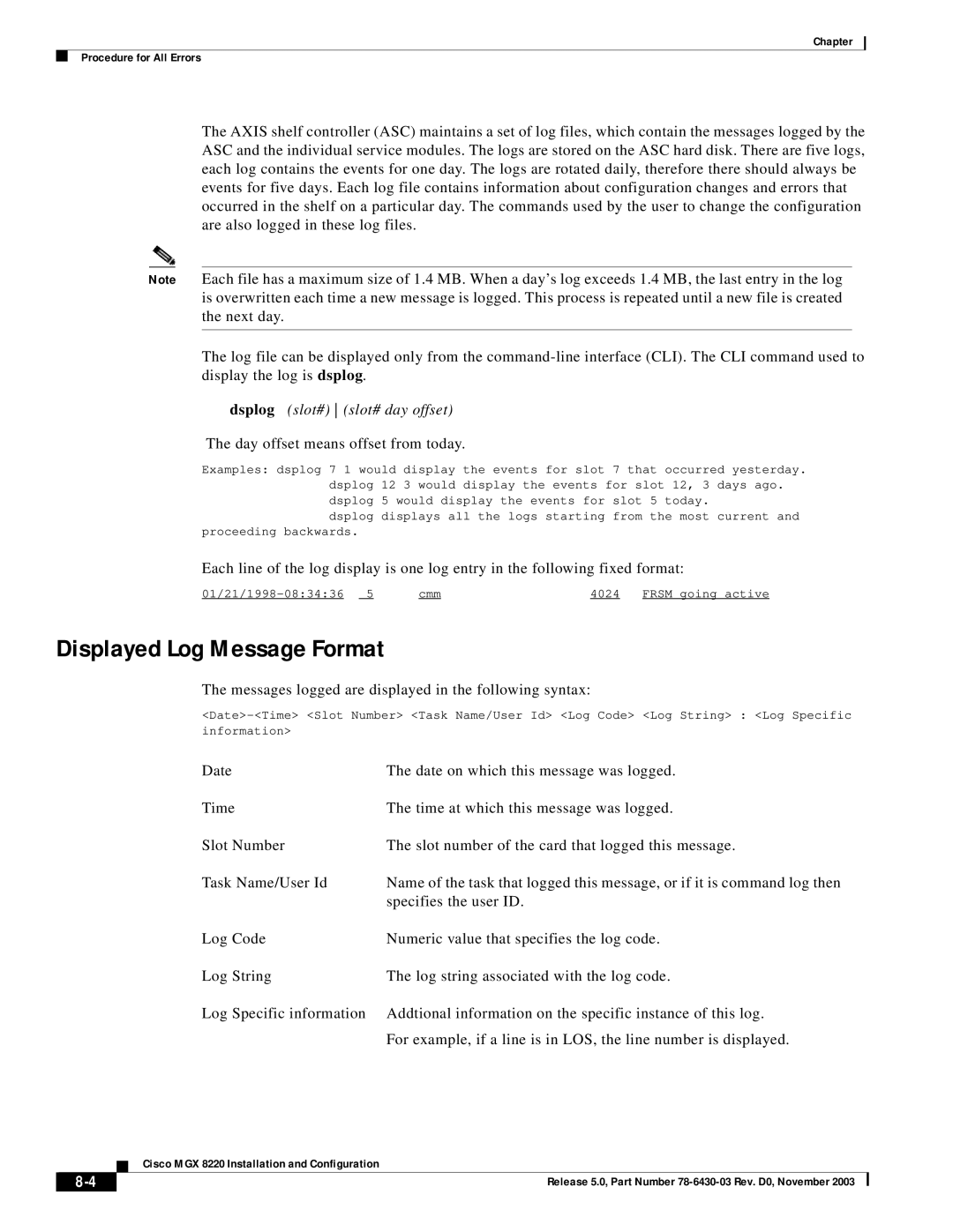 Cisco Systems MGX 8220 manual Displayed Log Message Format, Dsplog slot# slot# day offset 