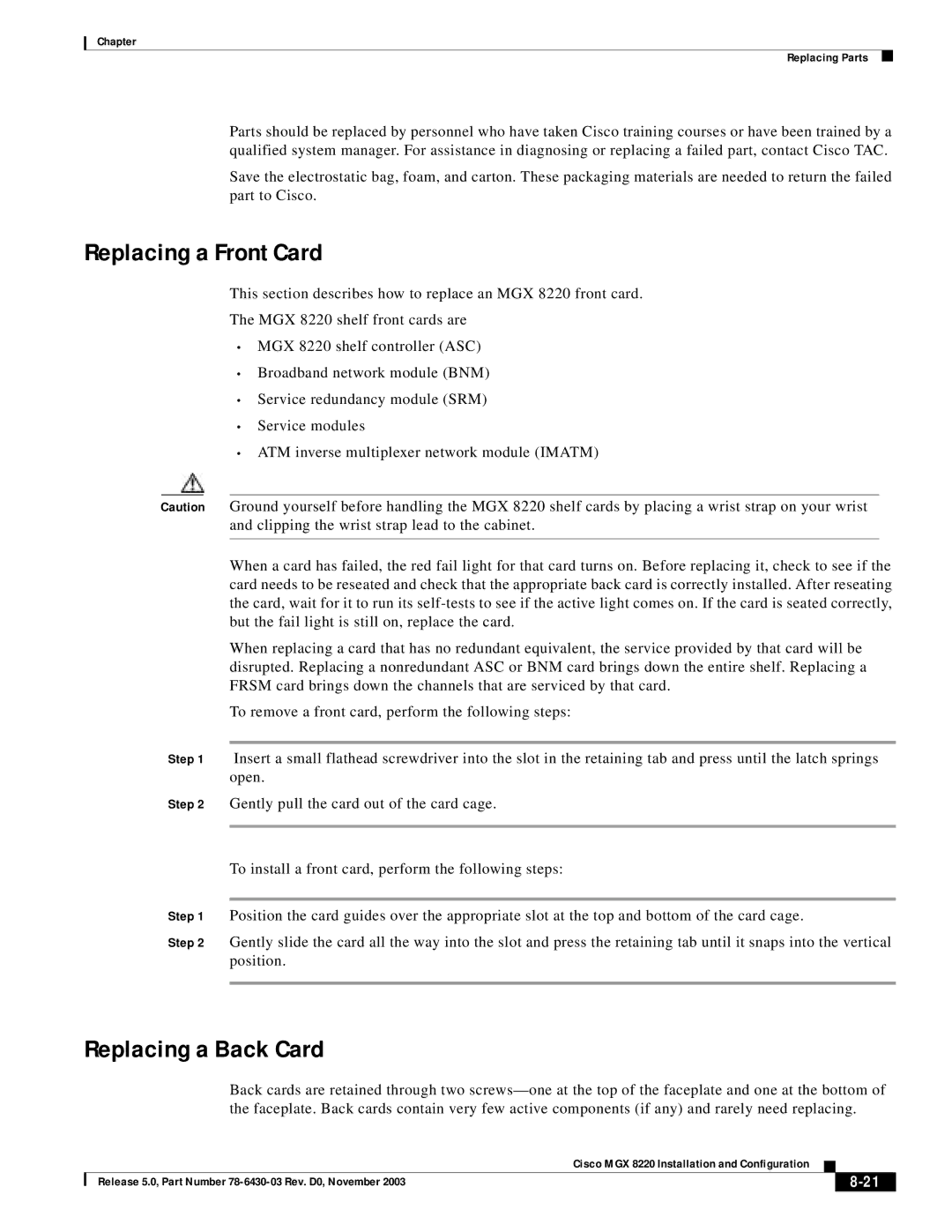 Cisco Systems MGX 8220 manual Replacing a Front Card, Replacing a Back Card 