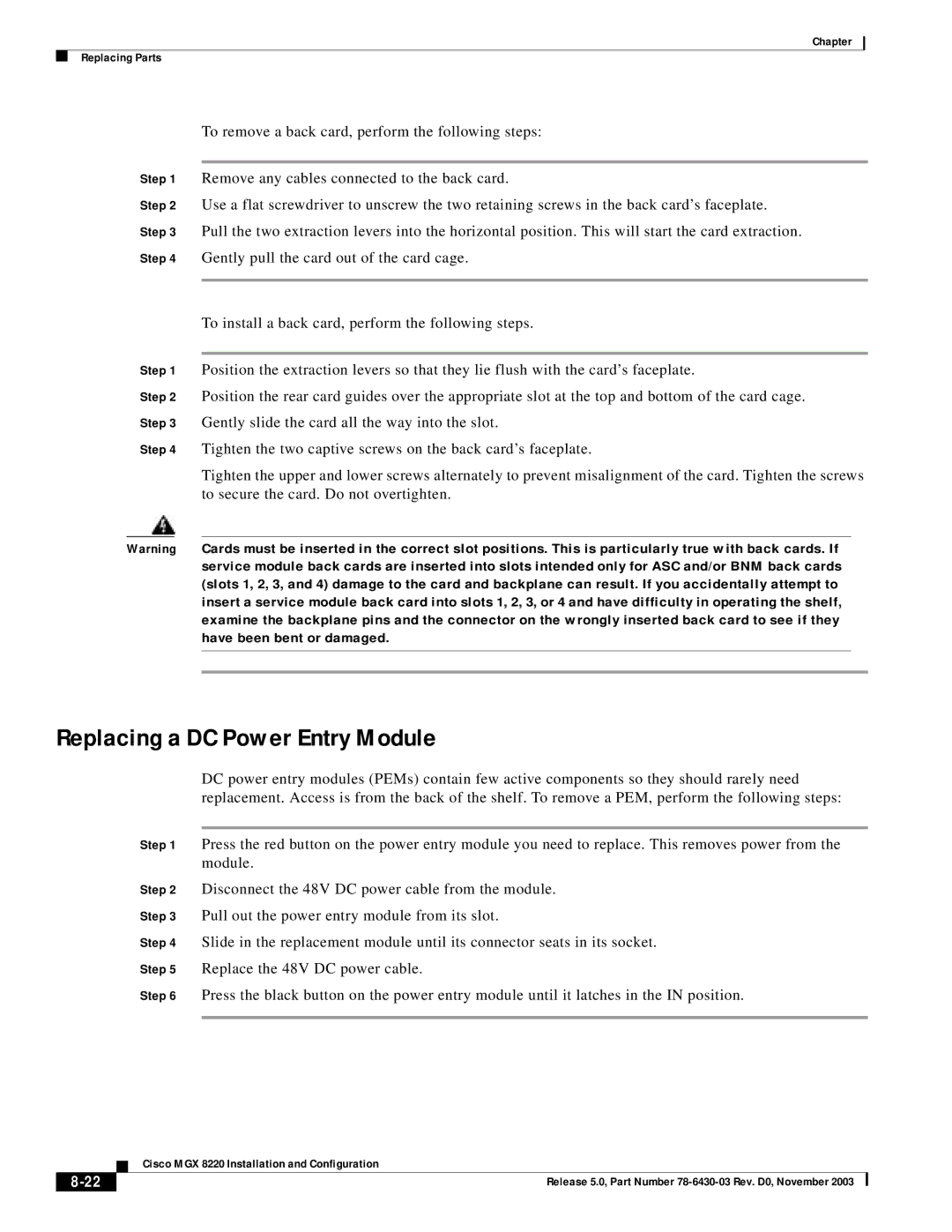 Cisco Systems MGX 8220 manual Replacing a DC Power Entry Module 