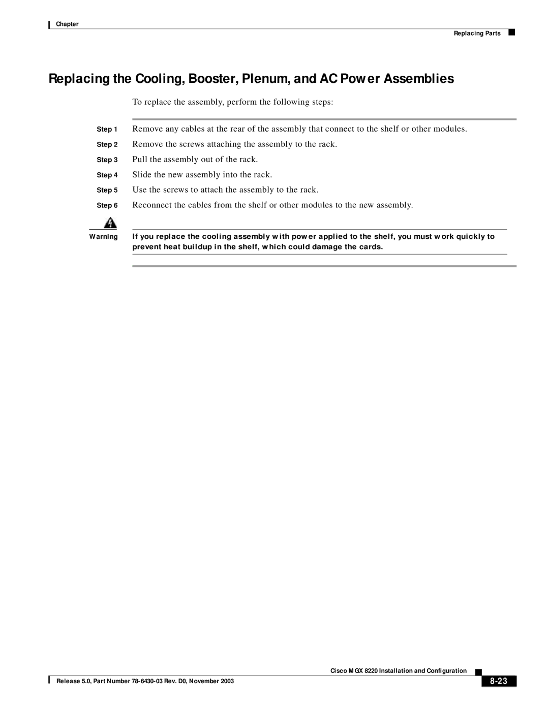 Cisco Systems MGX 8220 manual Chapter Replacing Parts 