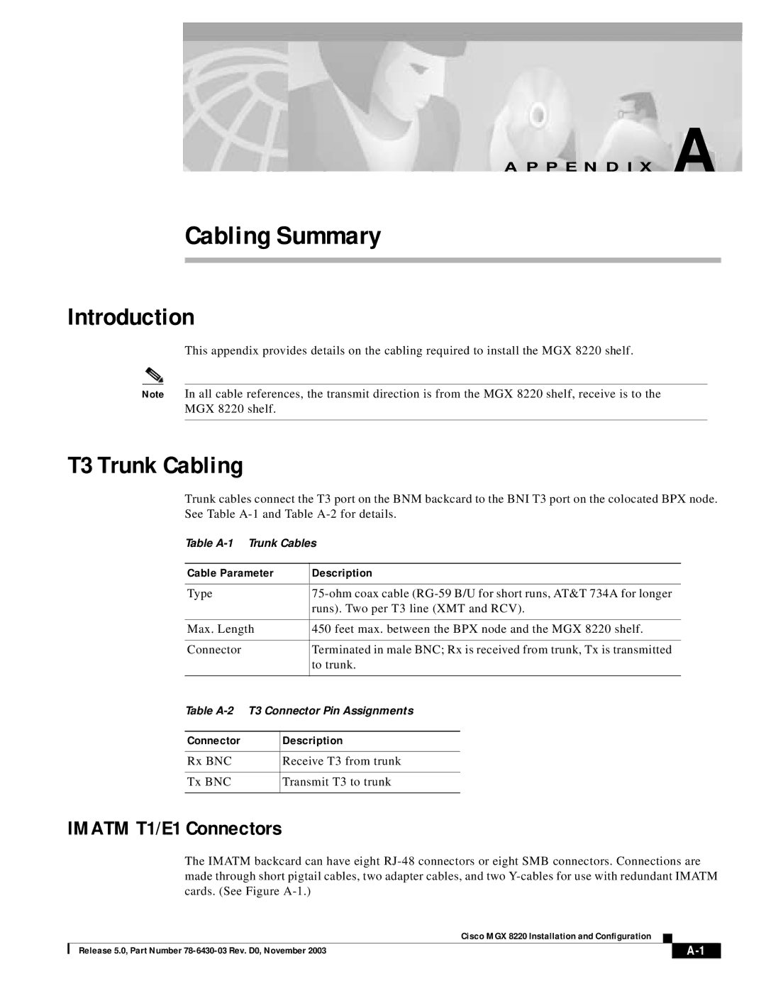 Cisco Systems MGX 8220 manual T3 Trunk Cabling, Imatm T1/E1 Connectors, Connector Description 