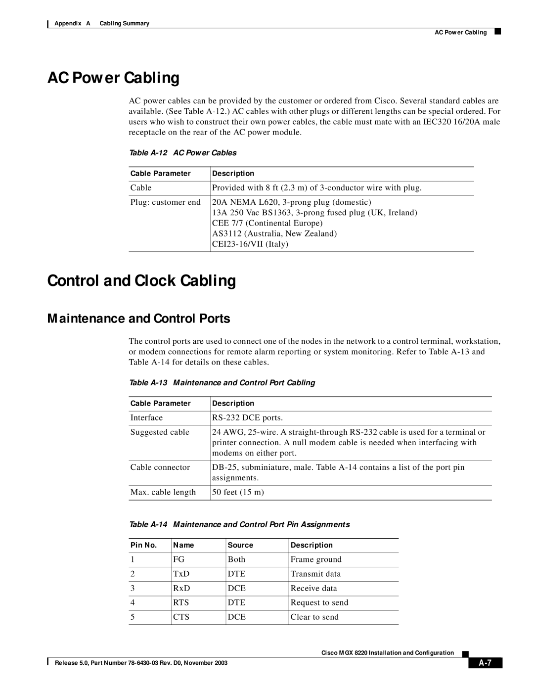 Cisco Systems MGX 8220 manual AC Power Cabling, Control and Clock Cabling, Maintenance and Control Ports 