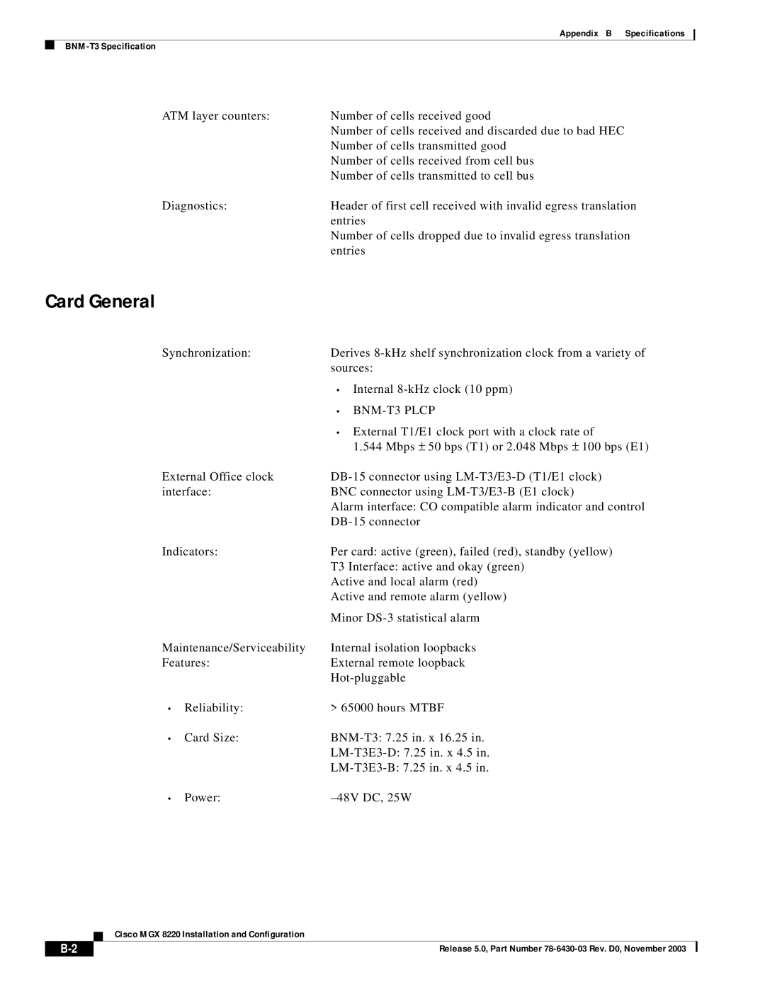 Cisco Systems MGX 8220 manual Card General, BNM-T3 Plcp 