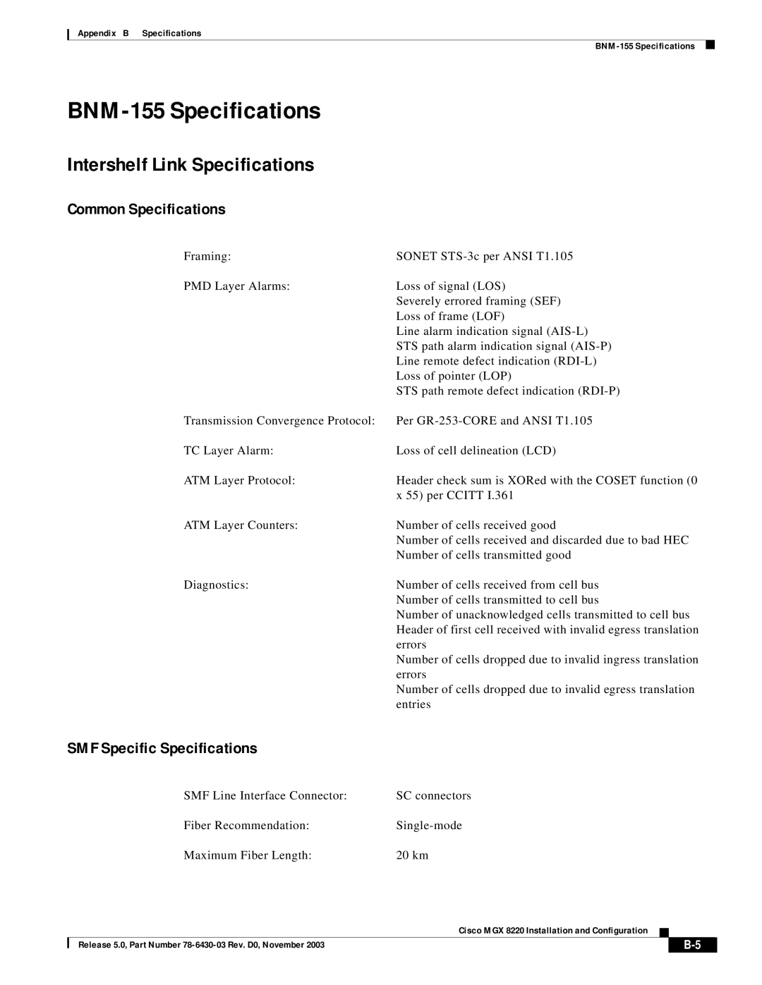 Cisco Systems MGX 8220 manual BNM-155 Specifications, Intershelf Link Specifications, Common Specifications 