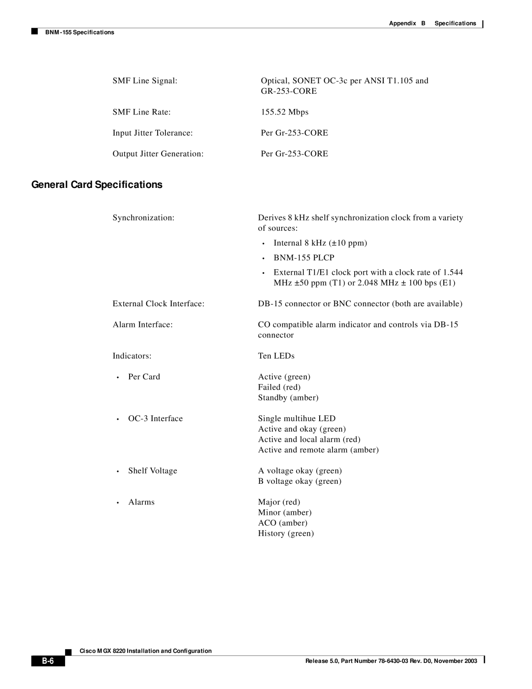 Cisco Systems MGX 8220 manual General Card Specifications 