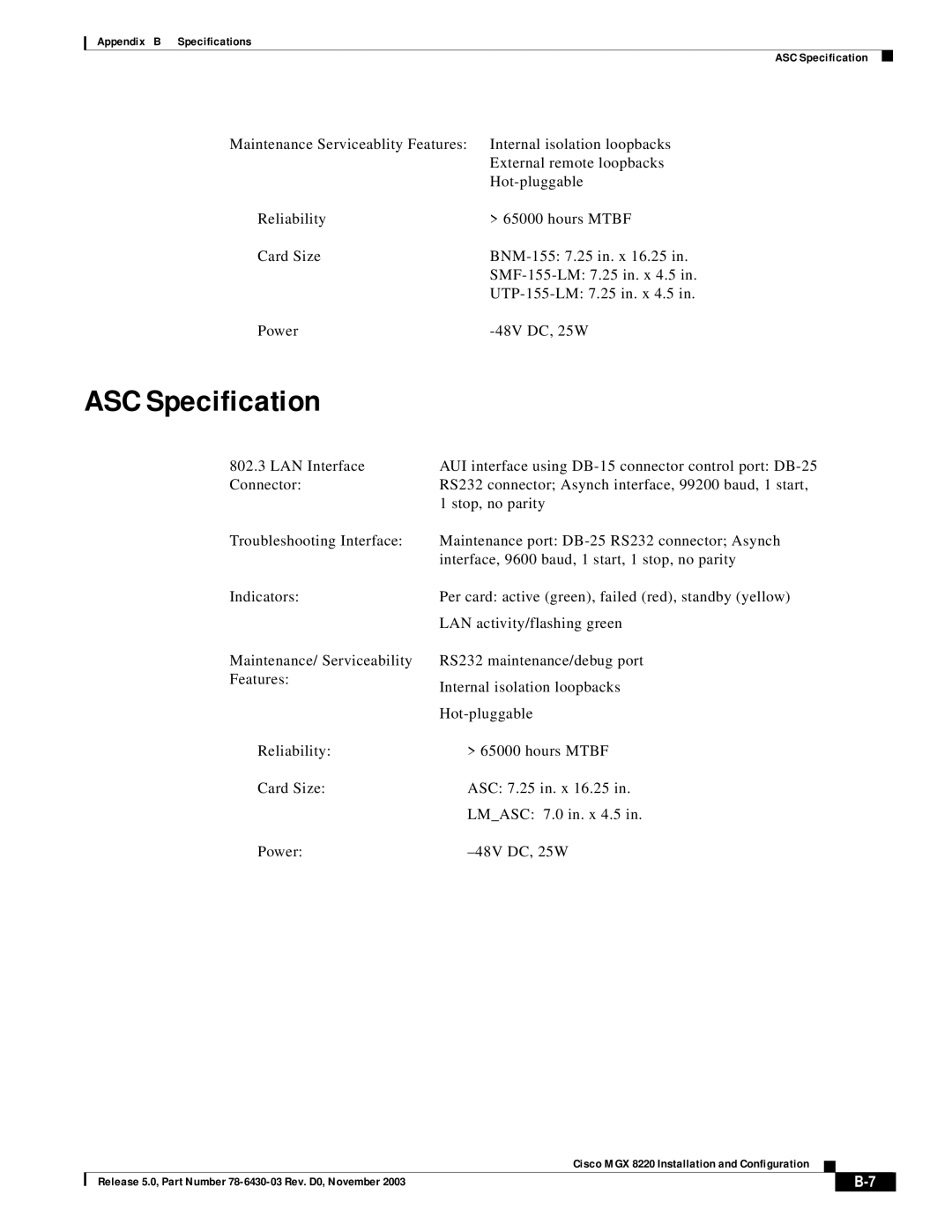 Cisco Systems MGX 8220 manual ASC Specification 