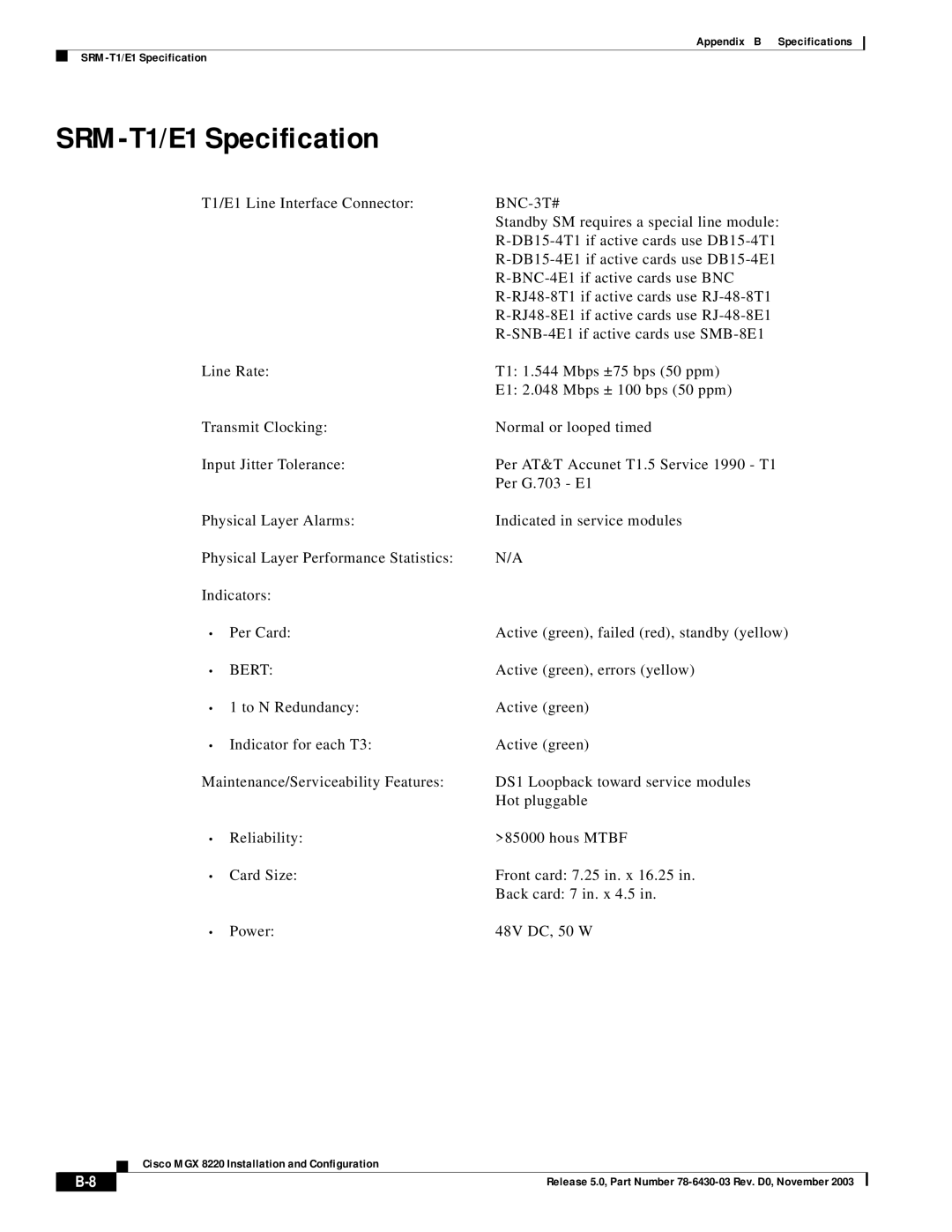 Cisco Systems MGX 8220 manual SRM-T1/E1 Specification, BNC-3T# 