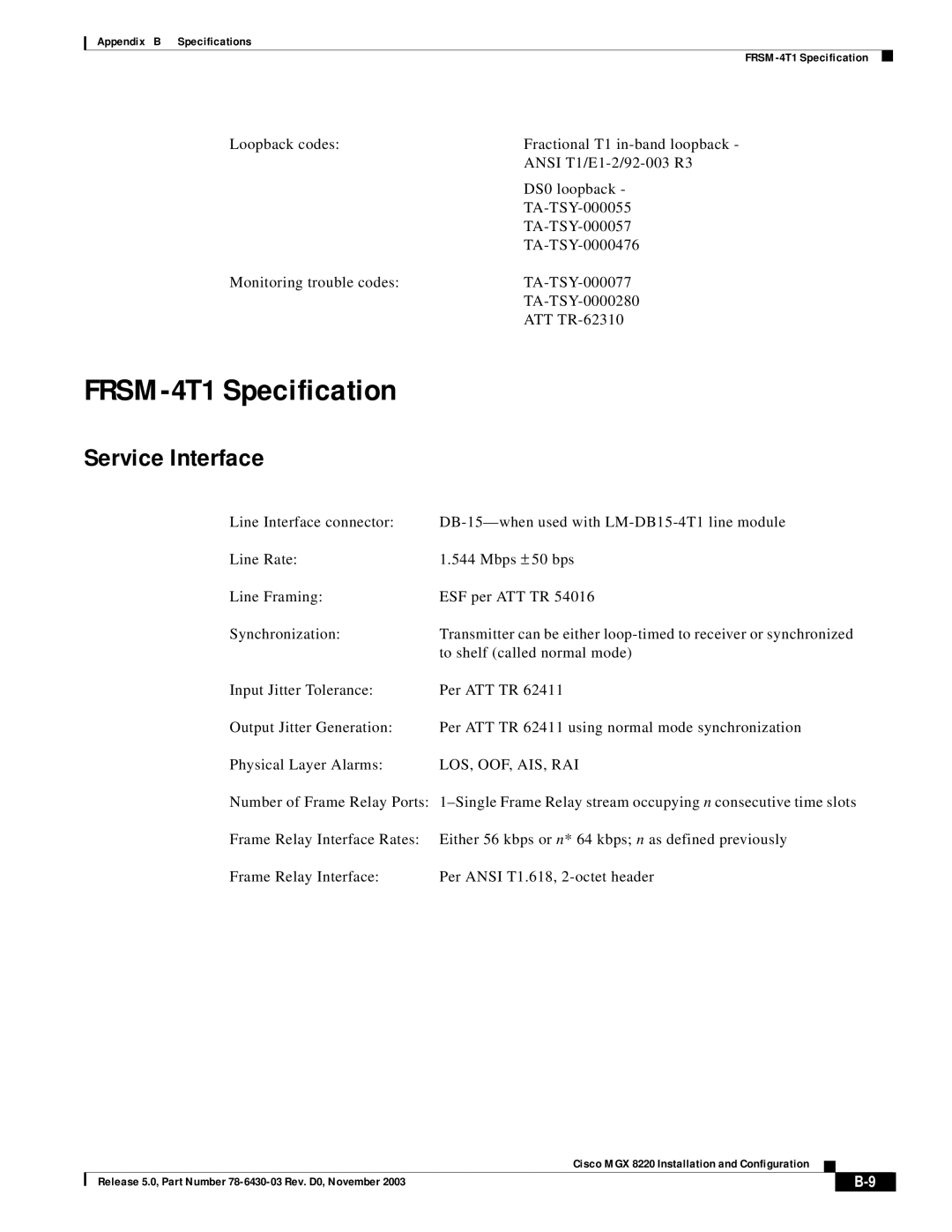 Cisco Systems MGX 8220 manual FRSM-4T1 Specification, Service Interface 